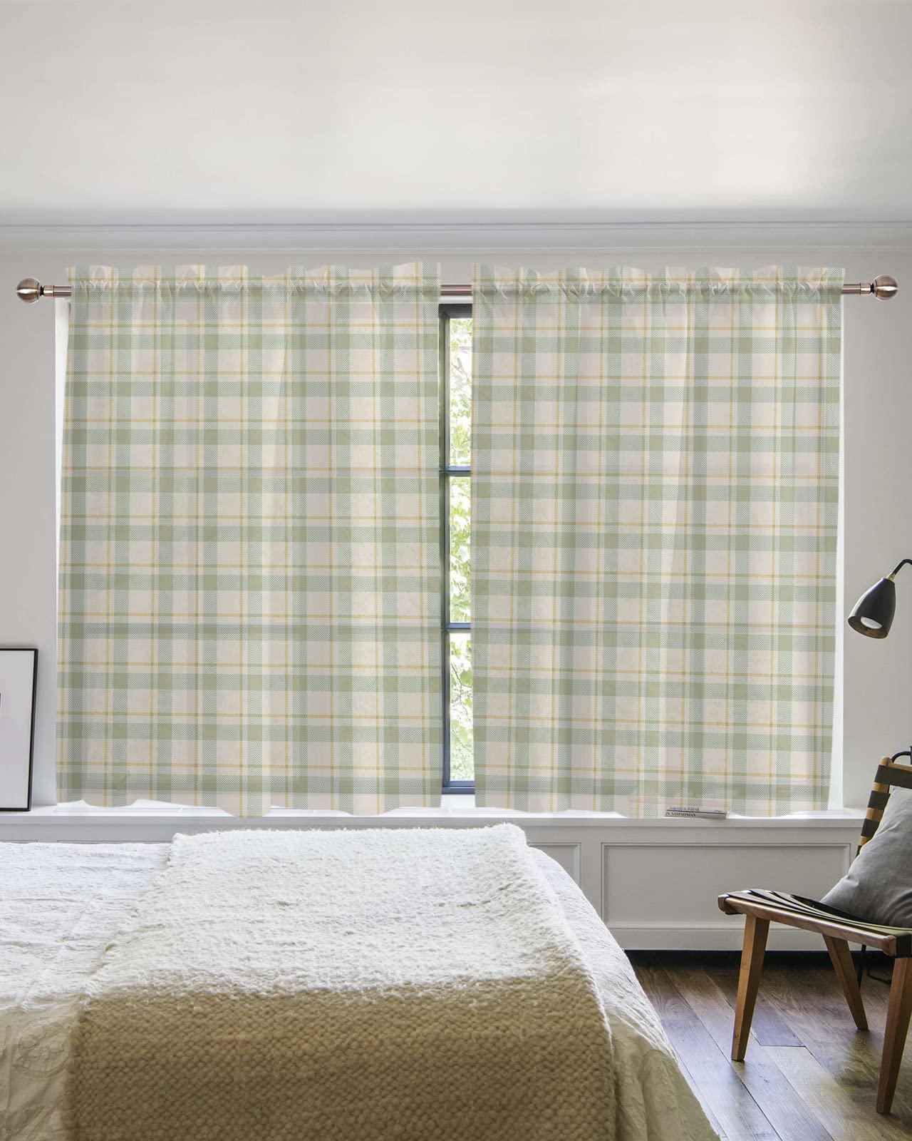 RisQiten RisQiten Teal Yellow Plaid Sheer Curtains for Bathroom Curtains 2 Panels Set 54 Inch Length, Simple Cream Green Yellow Geometric Checkered Window Curtains Drapes Privacy Panel Curtain for Bedroom