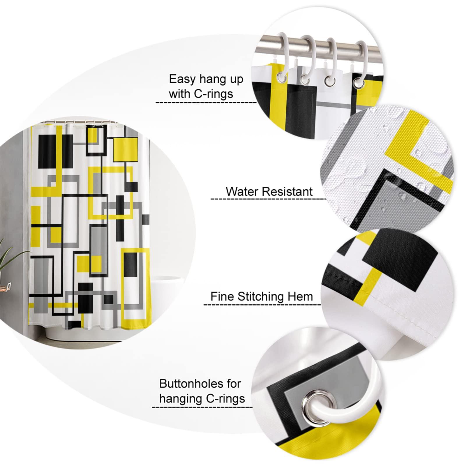 LEOKOTI LEOKOTI Yellow Black Grey Geometric Shower Curtain for Bathroom, Middle Century Modern Abstract Art Waterproof Fabric Bathtub Curtains for Bathroom with 12 Plastic Hooks, 36\" W x 78\" L