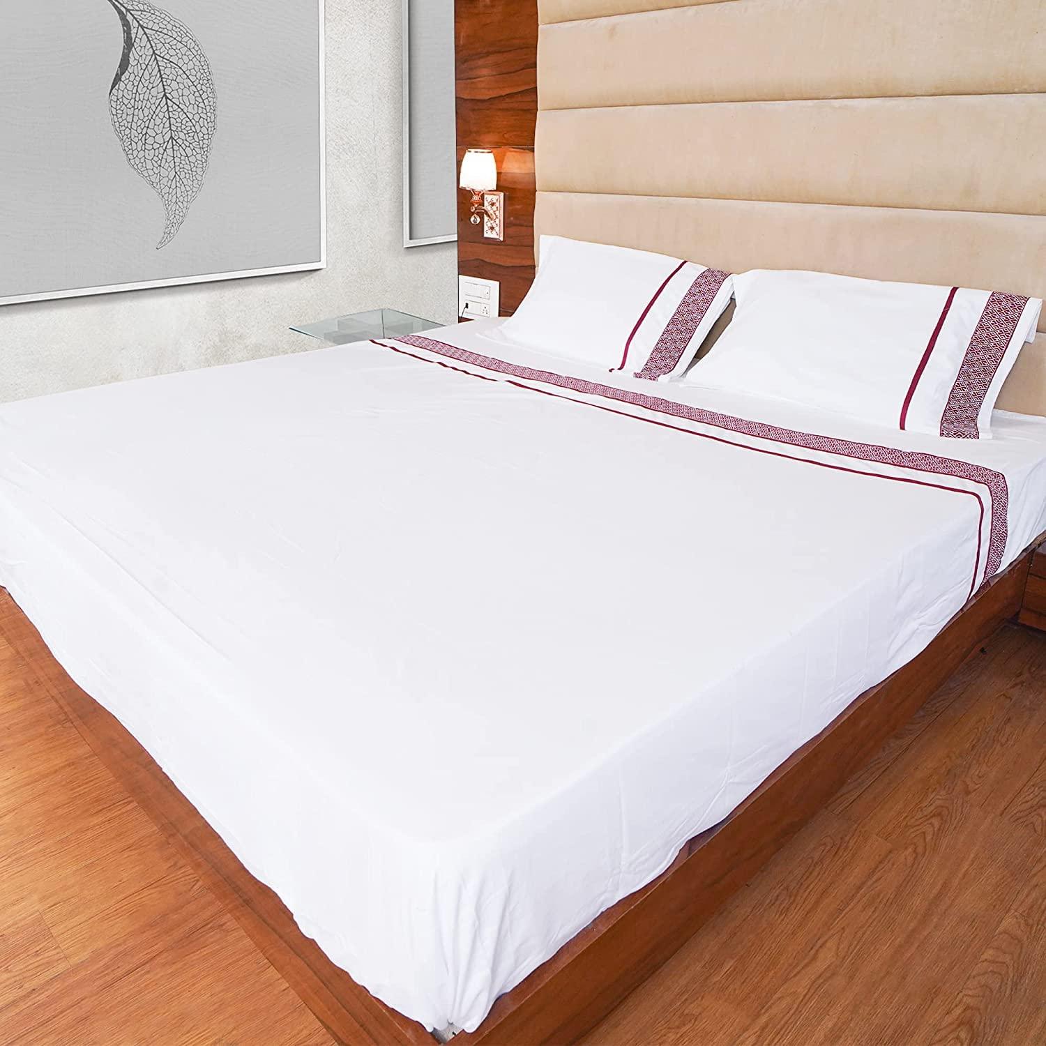 Minor Monkey Minor Monkey Queen Sheet Set 1000 Thread Count 100% Egyptian Cotton 4 Piece Burgundy Embroidered White Bedding Sheets & Pillowcases Hotel Quality Extra Soft Queen Sheets Sets - Deep Pocket up to 16\"