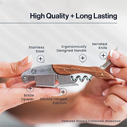 HiCoup Kitchenware Hicoup Wine Opener - Professional Corkscrews for Wine Bottles w/Foil Cutter and Cap Remover - Manual Wine Key for Servers, Waiters, Bartenders and Home Use - Stainless Steel With Rosewood