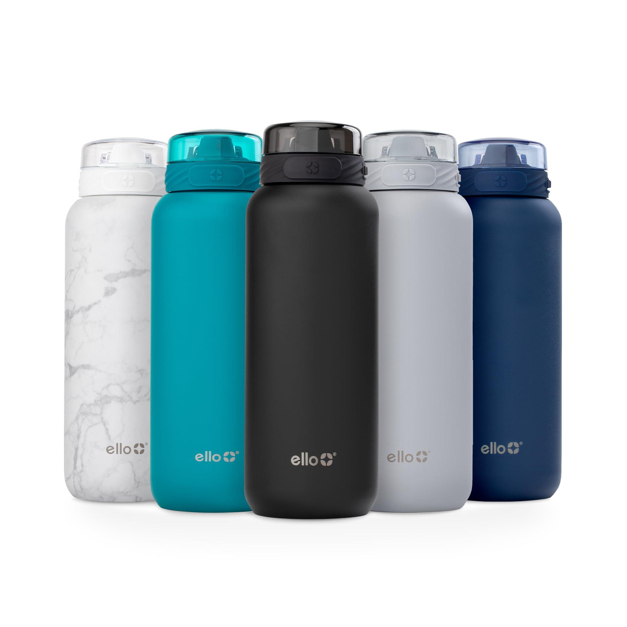 Ello Ello Cooper 40oz Stainless Steel Water Bottle with Straw and Carry Handle, Double Walled and Vacuum Insulated Metal, Leak Proof Locking Lid with Soft Silicone Spout, Reusable, BPA Free, Black