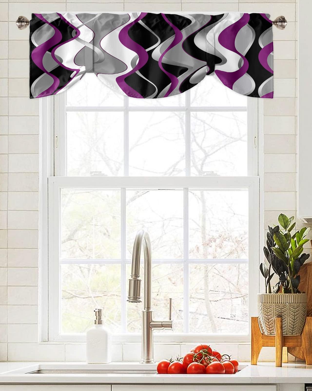 Litter Star Litter Star Purple Abstract Wave Tie Up Valance for Kitchen Windows, Abstract Stripe Art Adjustable Valances Rod Pocket Short Curtain,Tie Up Curtains Valance for Bedroom Living Room Bathroom 42x18in