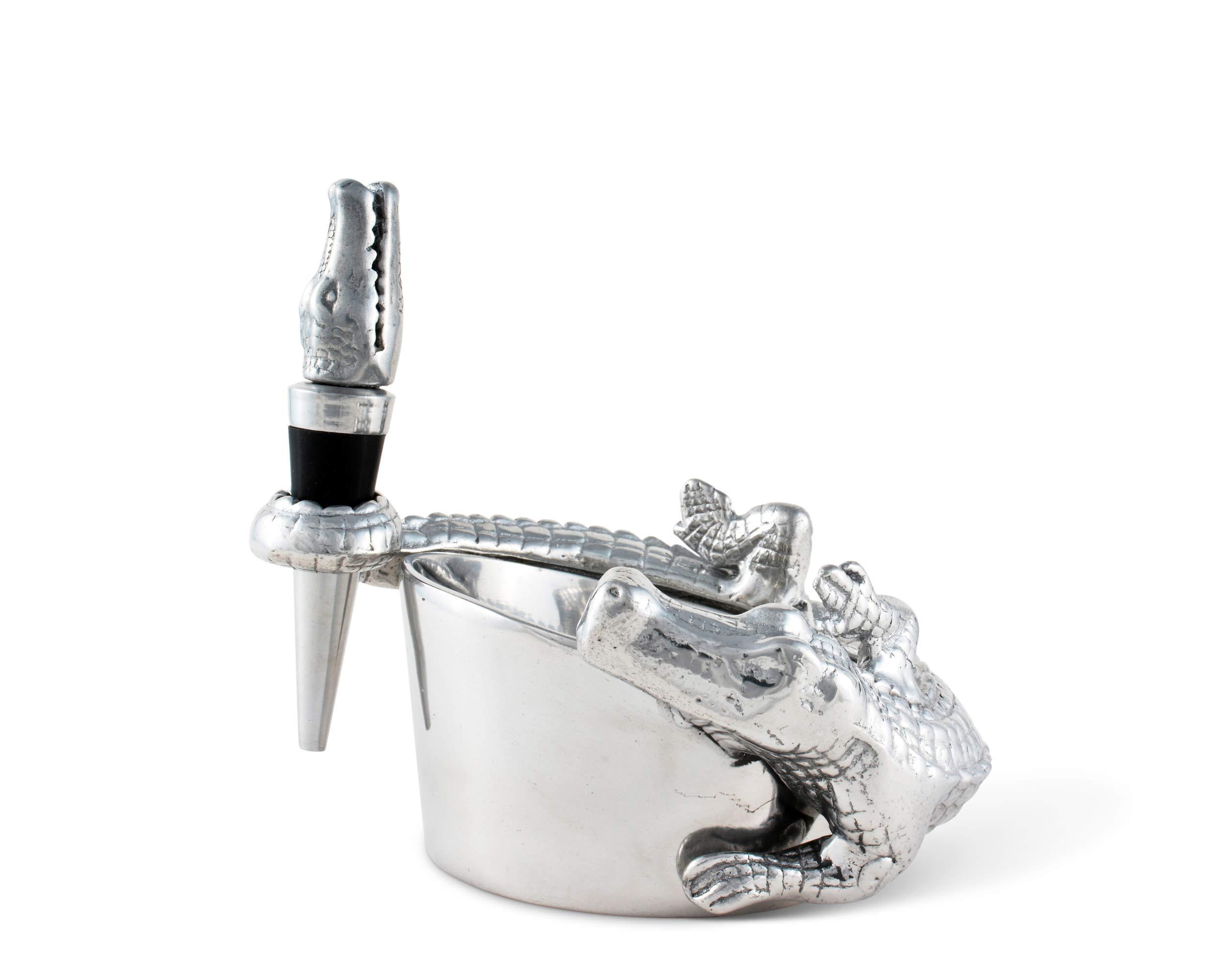 Arthur Court Arthur Court Designs Aluminum Alligator Wine Coaster / Holder and Bottle Stopper Set Gator Florida Décor 4 inch Diameter 3.5 inch Tall