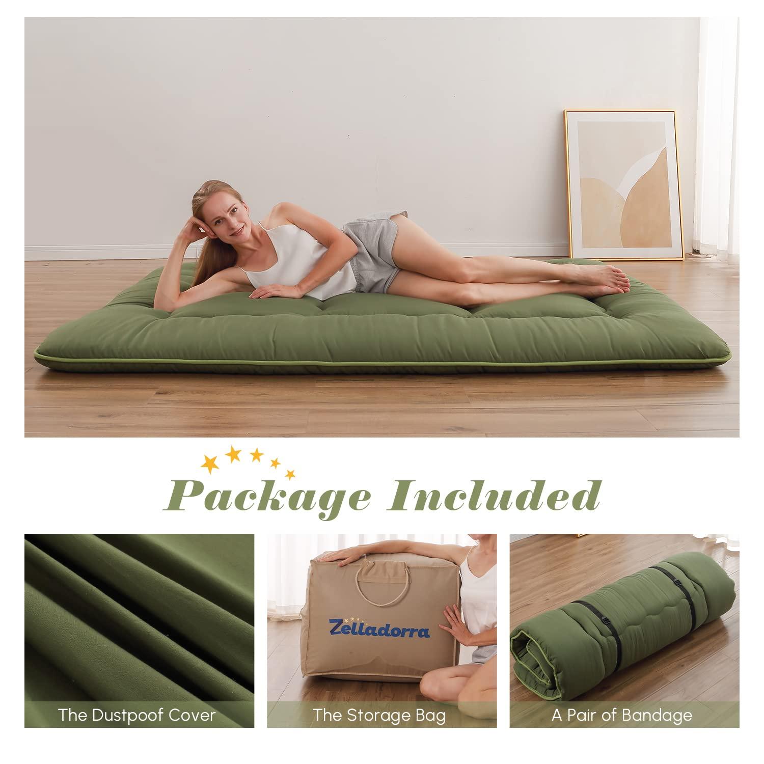Zelladorra Zelladorra Japanese Floor Mattress, Futon Mattress with Portable Storage Bag and Washable Cover, Roll Up Mattress Thick Tatami Mattress Suitable for Camping, Guest Room, Green, Twin