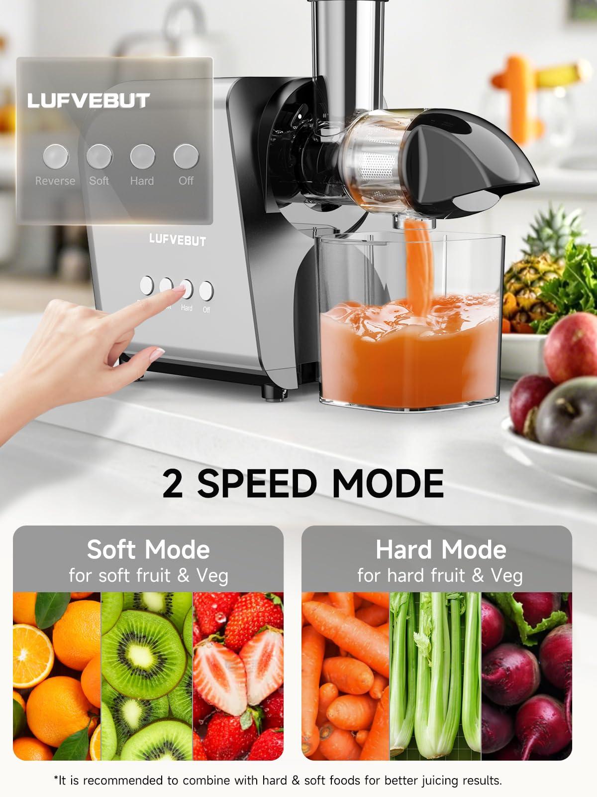 LUFVEBUT Slow Juicer Machine for Vegetables and Fruits Cold Press Masticating Juicer Extractor Celery Wheatgrass Leafy Greens Carrot Ginger Beet, Easy to Clean Juicer BPA-Free Reverse Function,Dishwasher Safe