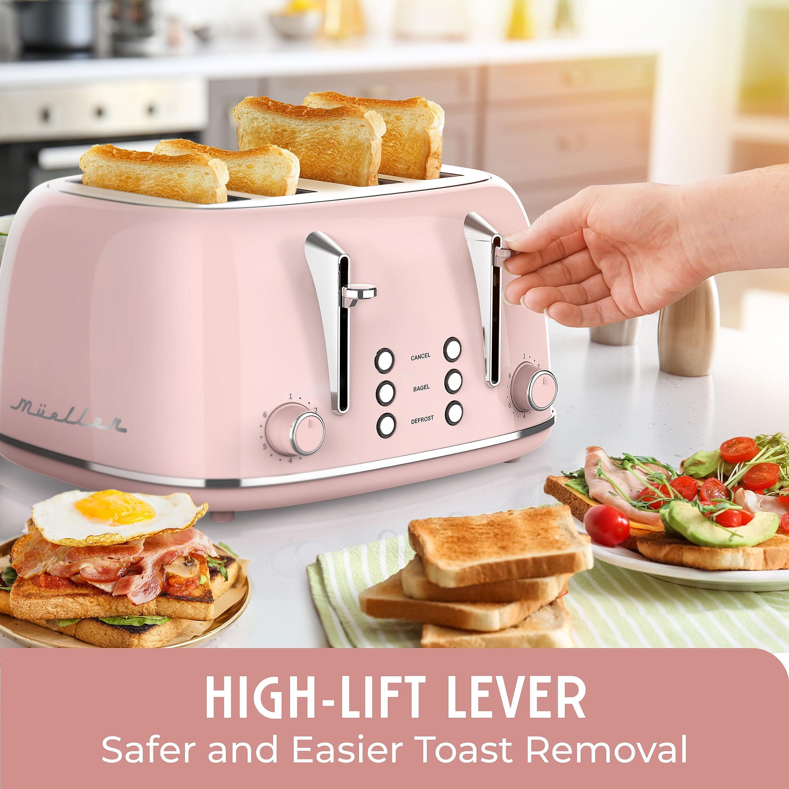 MELLERHOME Mueller Retro Toaster 4 Slice with Extra Wide Slots Bagel, Defrost, and Cancel Function, 6 Browning Levels, Dual Independent Controls, Removable Crumb Tray and High Lift Levers, Pink