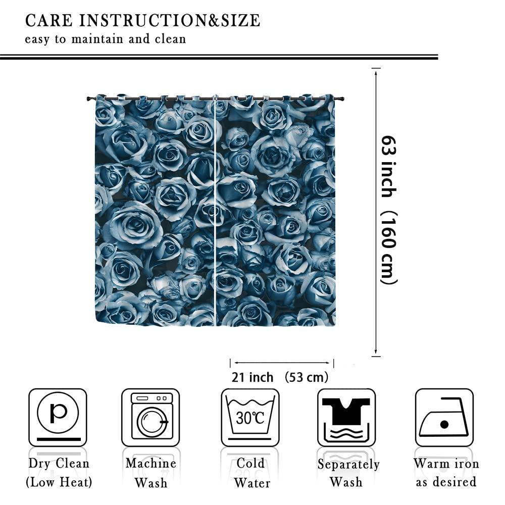 FCDM Blue Rose Window Curtain,Turquoise Rose Bathroom Set Decor Blackout Curtains Royal Blue Gray Home Bedroom Living Room Grommet Thermal Insulated Window Curtain/Drapes Panel 42x63 in