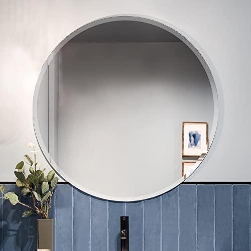 Fab Glass and Mirror Fab Glass and Mirror Frameless Round Safety Backing 1\" Beveled Edge Mounted with Hooks-Bathroom Wall Mirror, 36\" x 36\", Silver