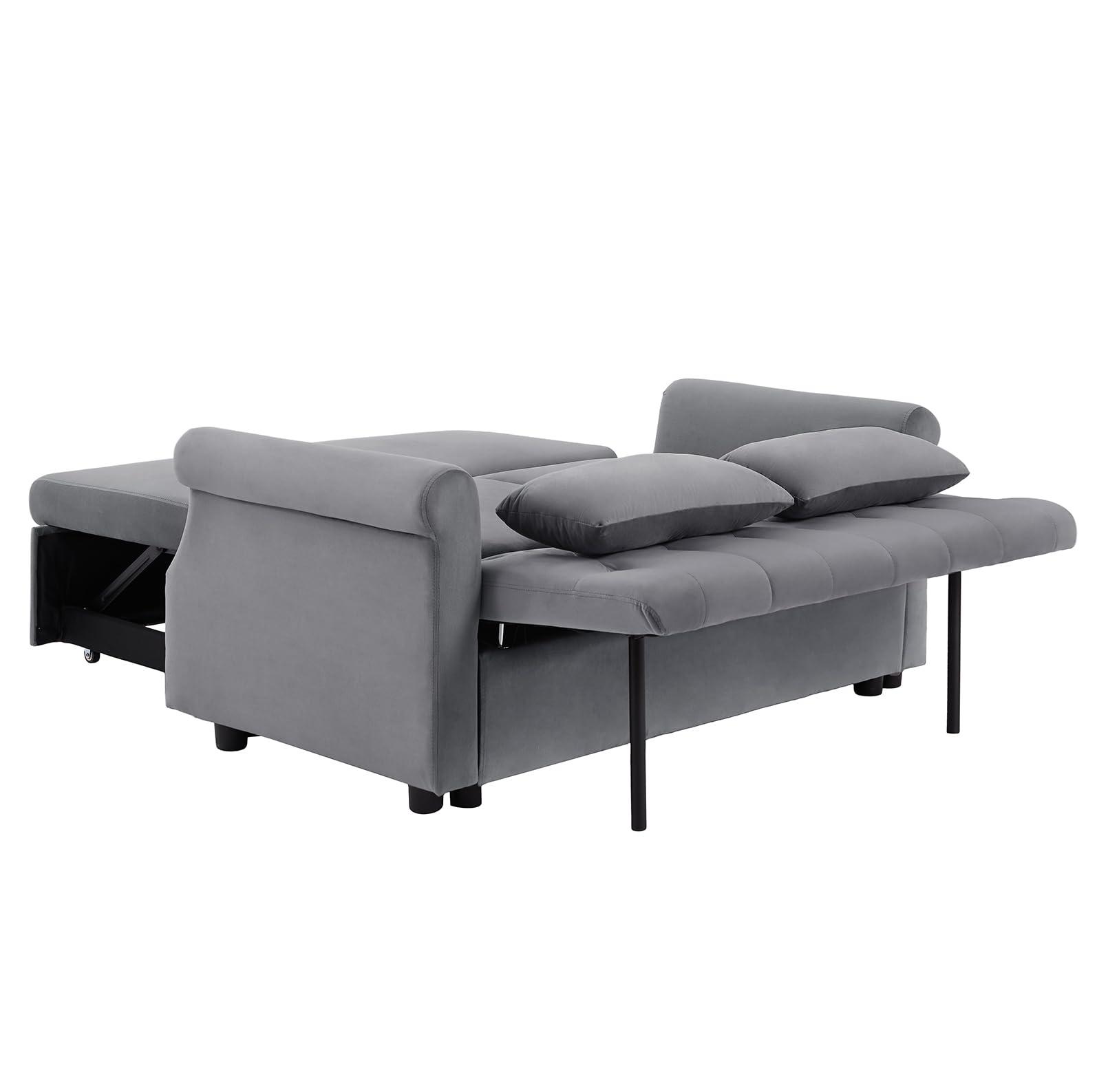 Kurhwyss Velvet Pull Out Couch Bed, Convertible Sleeper Futon Sofa with Adjustable Backrest, Modern Pullout Couch with 2 Pillows, Upholstered Small Loveseat for Living Room, Bedroom and Dorm (Grey)