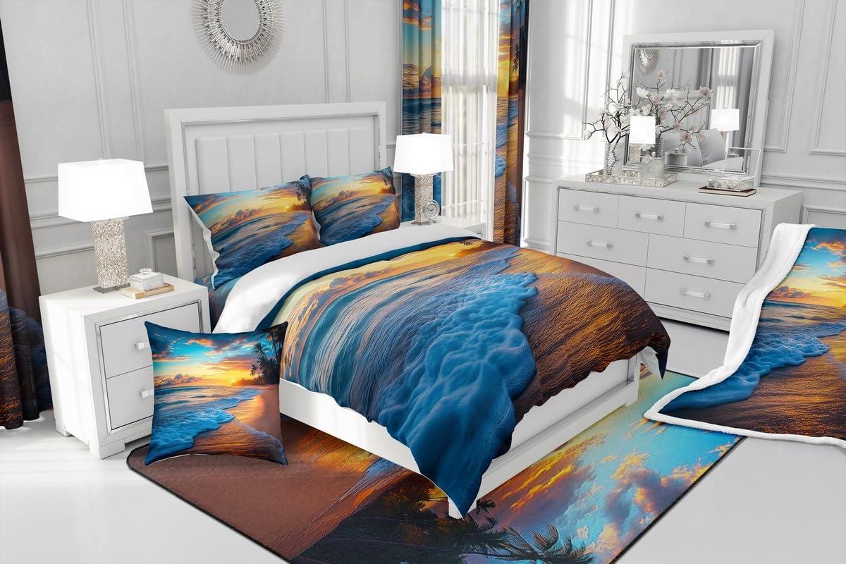 Erosebridal Beach Duvet Cover Full Ocean Bedding Kids Girls Boys Hawaiian Sea Waves Comforter Cover Tropical Sunset and Sea Beach Nature Theme Print bedding Botanical Beach House Decorative Bedspread with Zipper