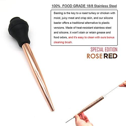 KAYCROWN KAYCROWN Best Utensils Stainless Steel Turkey Baster Commercial Grade Quality FDA Silicone Bulb Including Marinade Injector Needle and Brush for Easy Clean Up, Rose Gold