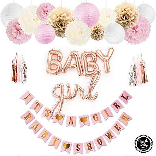 Sweet Baby Company Sweet Baby Co. Pink Baby Shower Decorations for Girl with Its A Girl Banner, Baby Girl Letter Balloons, Flower Pom Poms, Paper Lanterns, Tassels (Rose Gold, Pink, Ivory, White Sprinkle Set)