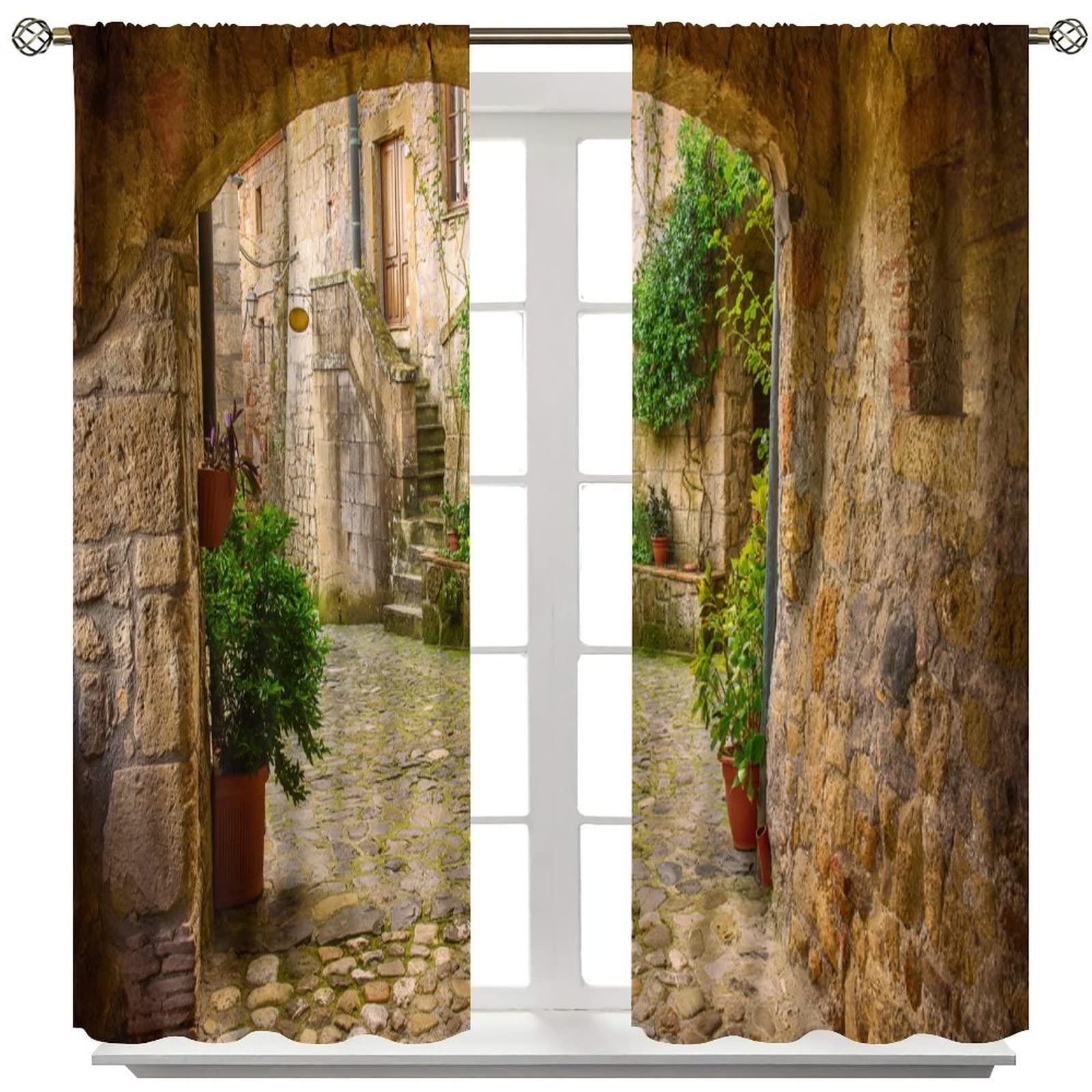 ZhiRain Scenery Kitchen Italian Curtains, Landscape from Door Antique Style Stone Village Tuscany Italian Valley, Blackout Rod Pocket Window Drapes 2 Panel Set for Kitchen Cafe Decor 63x72in