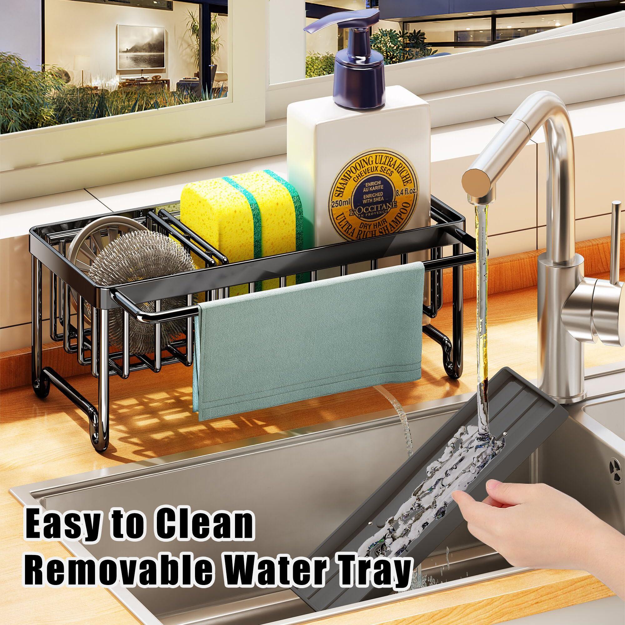 Biridict Sponge Holder for Kitchen Sink, Kitchen Sink Caddy, Dish Sponge Organizer with Divider, Dish Soap Dispenser Brush Holder Storage (Black Large)