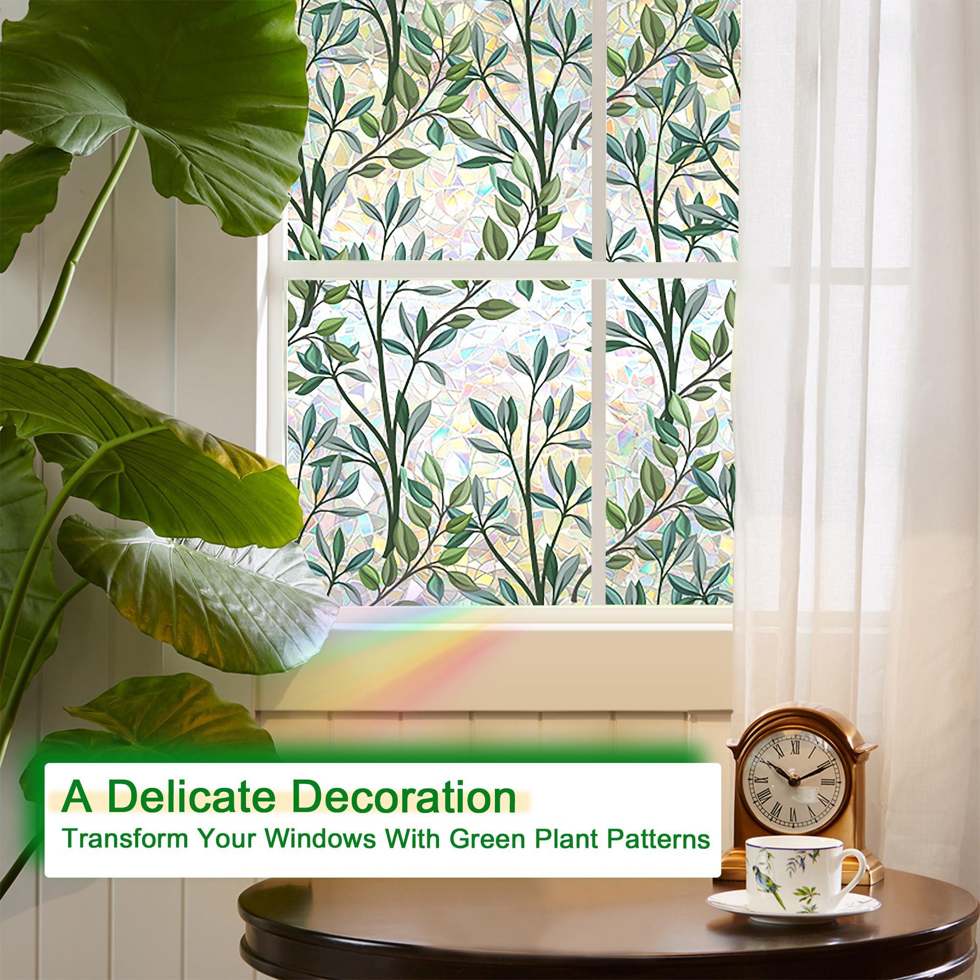 ACOSIY Stained Glass Window Film, Privacy Film for Glass Windows, Decorative Window Cling, Window Coverings Film for Bathroom Home Office, Non Adhesive Window Cling Film (Green)