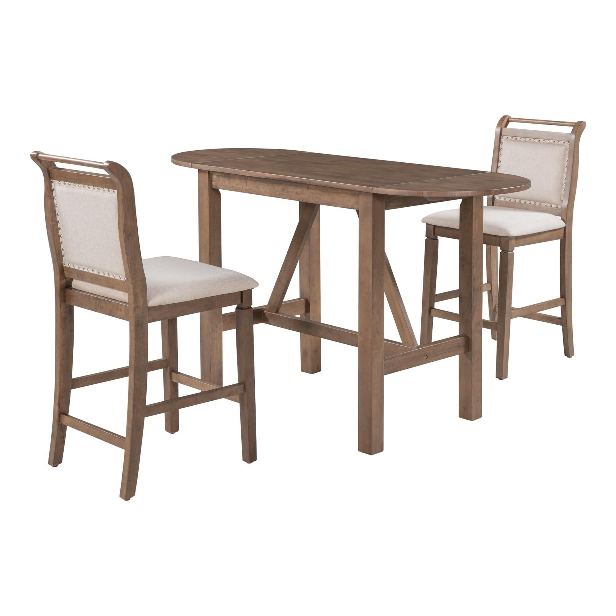 SUSUROSE SUSUROSE 3-Piece Wood Counter Height Drop Leaf Dining Table Set with 2 Upholstered Dining Chairs for Small Spaces,White