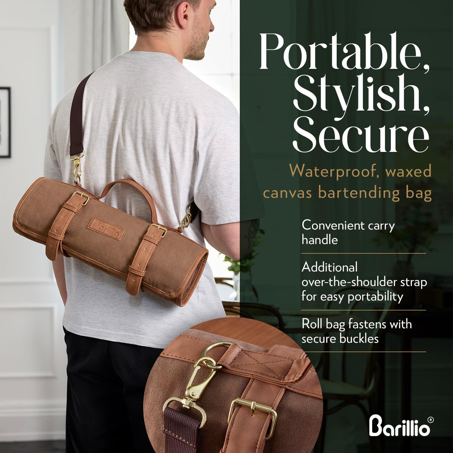 barillio Barillio Bartender Kit Bag with Cocktail Shaker Set - Waxed Canvas, Traveling Bar Tools Bag with 17-Pc Cocktail Kit - Travel Mixology Bartending Kits - Mobile Bar Bag with Strap & Accessories - Silver