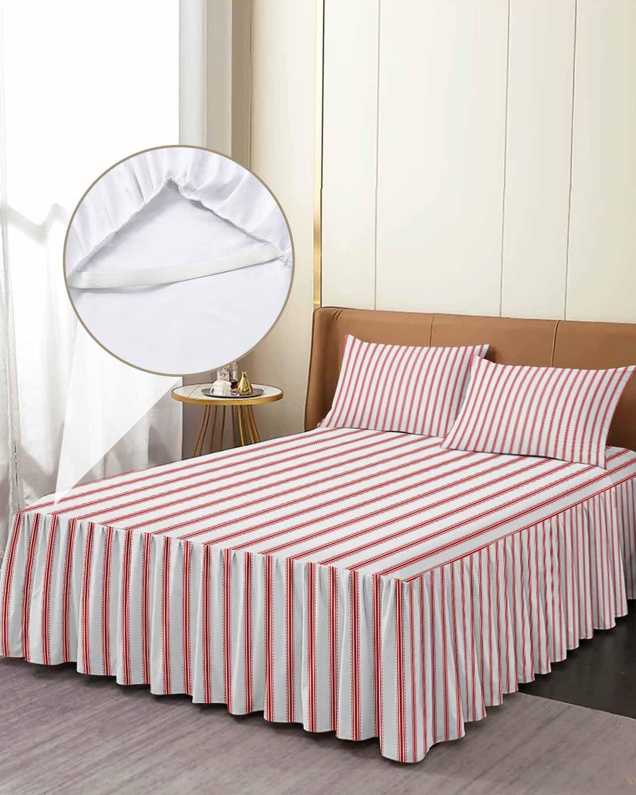 AMZRicher Red Stripes Wrap Around Pleated Bed Skirts for King Bed 78x80, Geometric Vertical Linens Modern Minimalism Decorative Dust Ruffle Bed Sheet & Bedskirt 18'' Drop Bedspread with Pillow Case 20x36