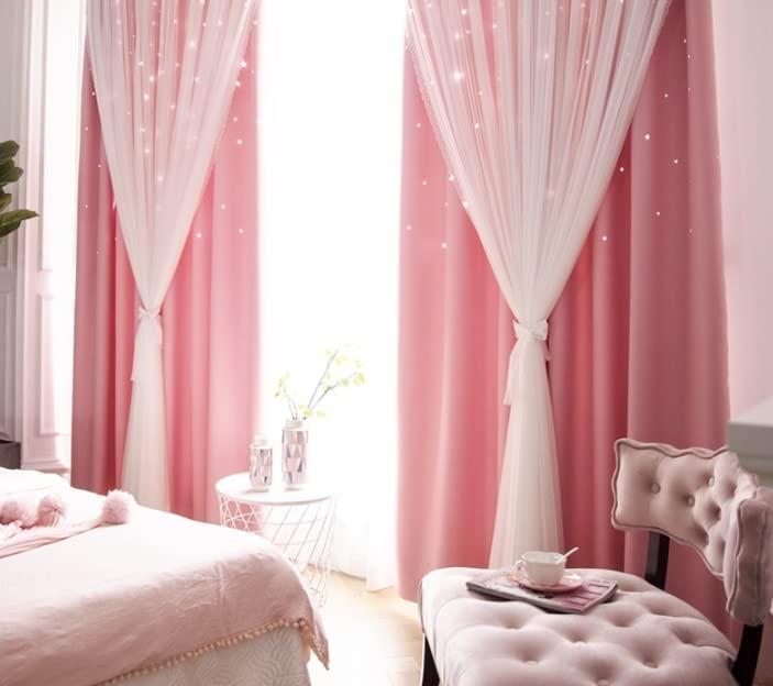 DARKAL Pink Girls Curtains for Living Room Bedroom Curtains Double Layer Blackout Curtains Star Cut Out Pink Curtain Window Drapes for Nursery 2 Panels (52 inch Width 65 inch Length)