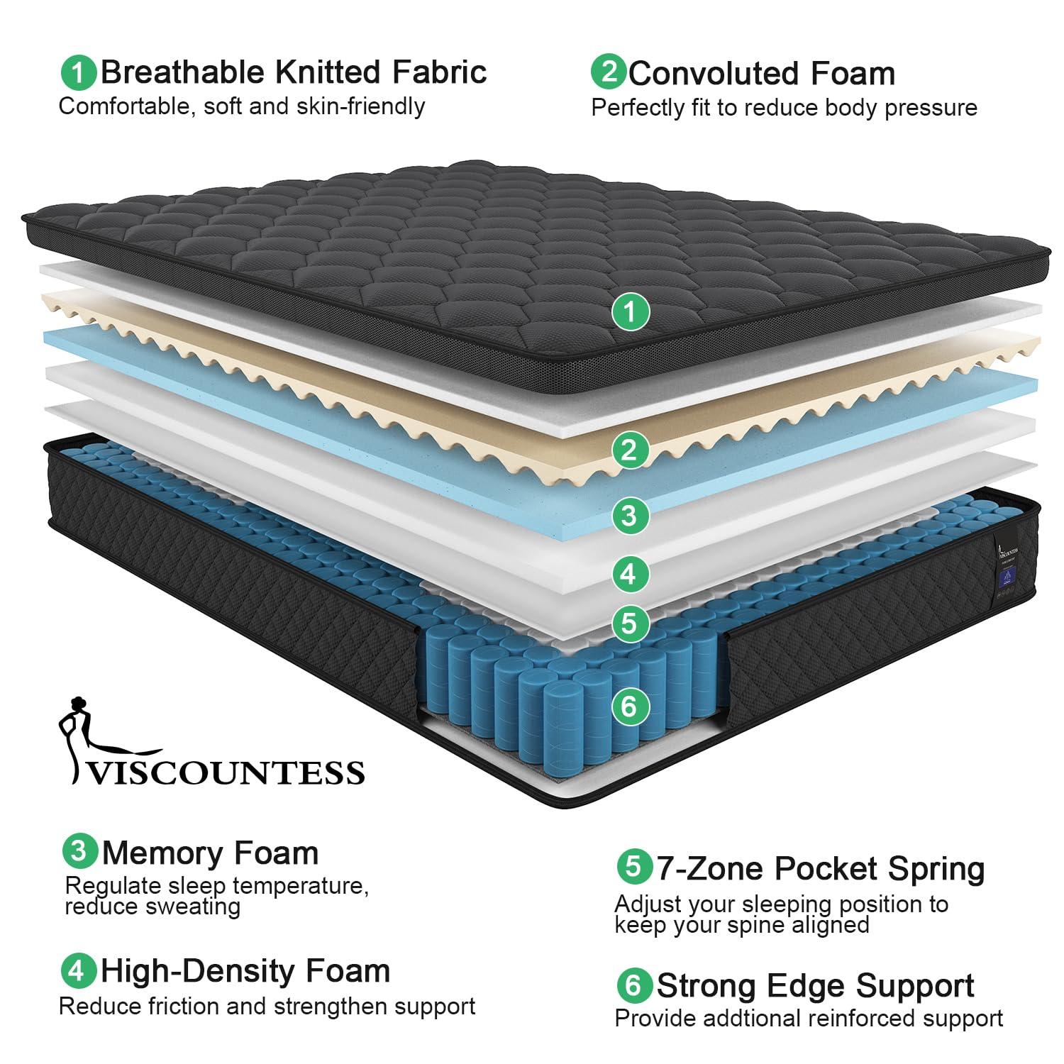 VISCOUNTESS VISCOUNTESS Hybrid Mattress, Euro Top Mattress Medium Firm for Motion Isolation & Pressure Relief, 100 Night Trial, Individual Pocket Spring Bed (14inch, King)