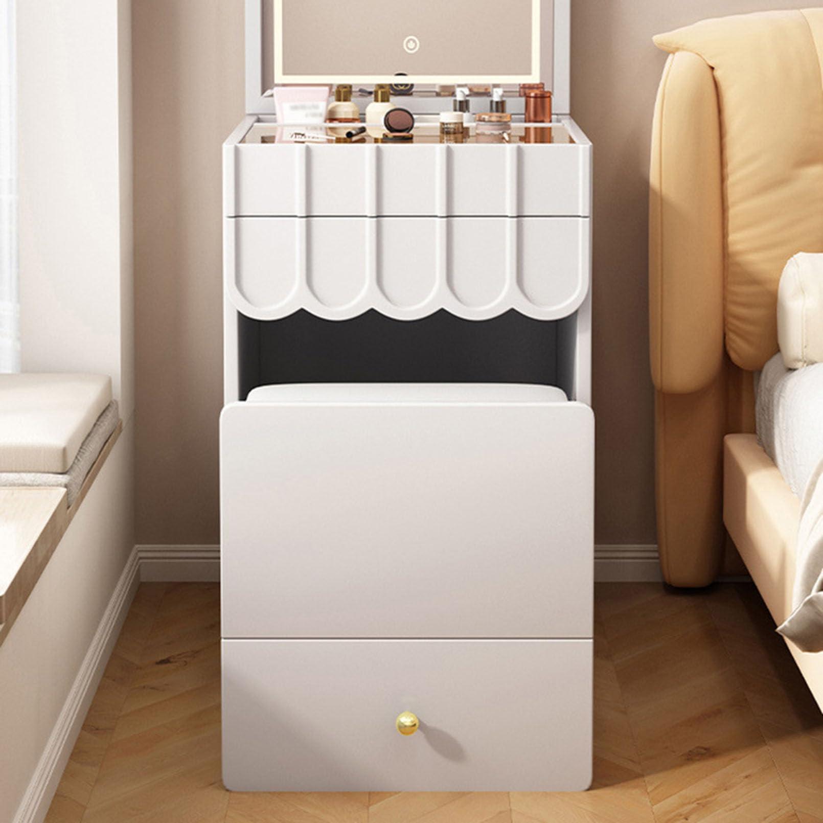 TBWFRD Makeup Vanity Table with Lighted Mirror, Small Vanity Desk with Storage Stool and Drawers, Bedroom Dressing Table with Transparent Table Top for Girls Women Gifts