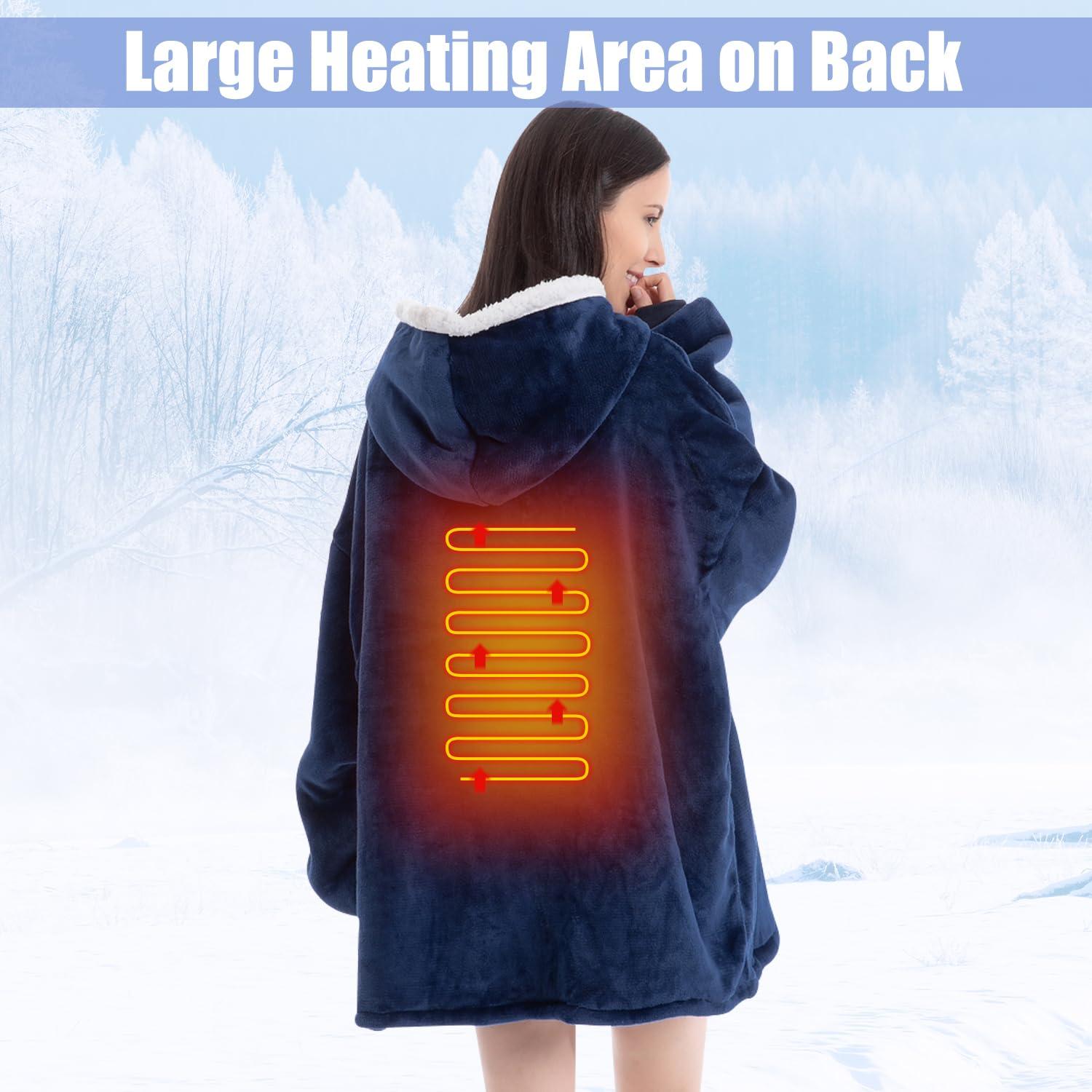 WOOLALA Heated Wearable Blanket Oversized Lazy Hoodie with Large Heating Area on Back Electric Heating Blanket Cozy Short Version Controller with Cable