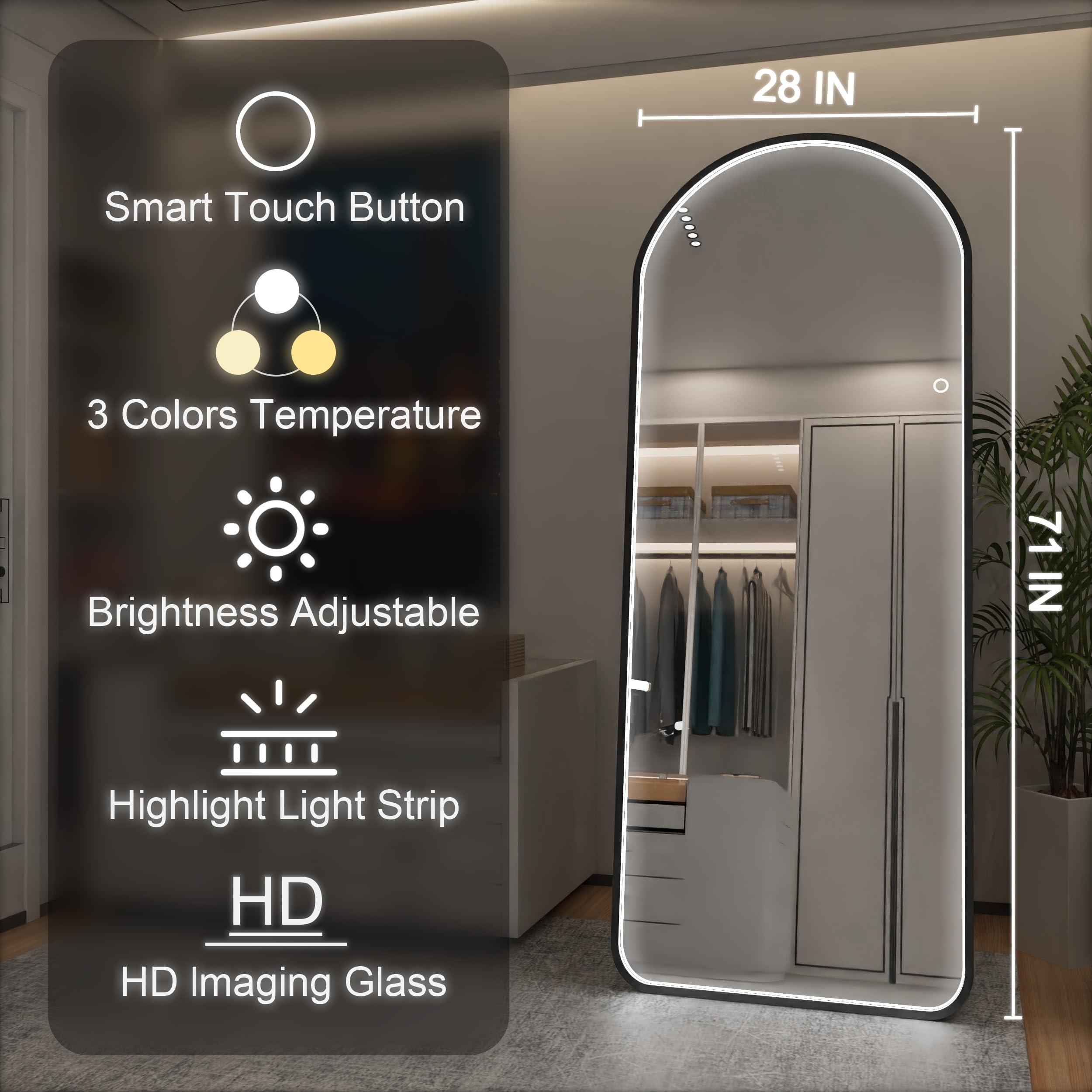 Maistech Maistech LED Full Length Mirror with lights Arch Design, 71"x28" LED Full Body Mirror with Stands, Full Length Mirror Wall Mounted for Bedroom, HD Material, Dimming & 3 Color Lighting (Brushed Silver)