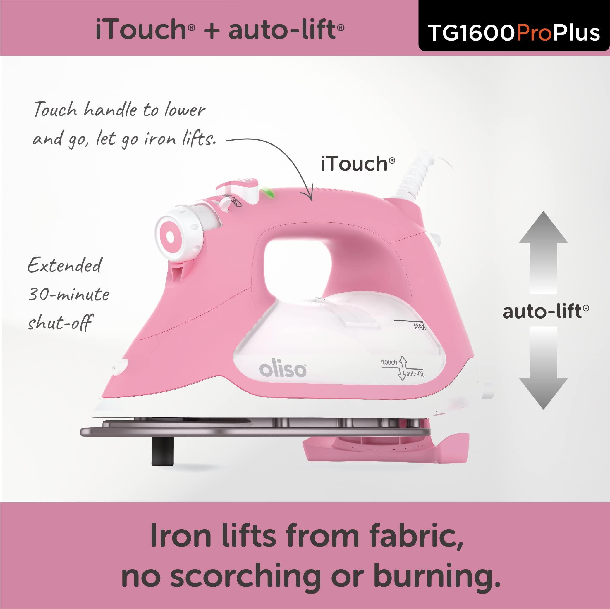 oliso Oliso TG1600 Pro Plus 1800 Watt SmartIron with Auto Lift | Diamond Ceramic-Flow Soleplate Steam Iron (Pink) + Oliso Carry Bag for full-size irons + Oliso Ironing Board Cover (Gray)