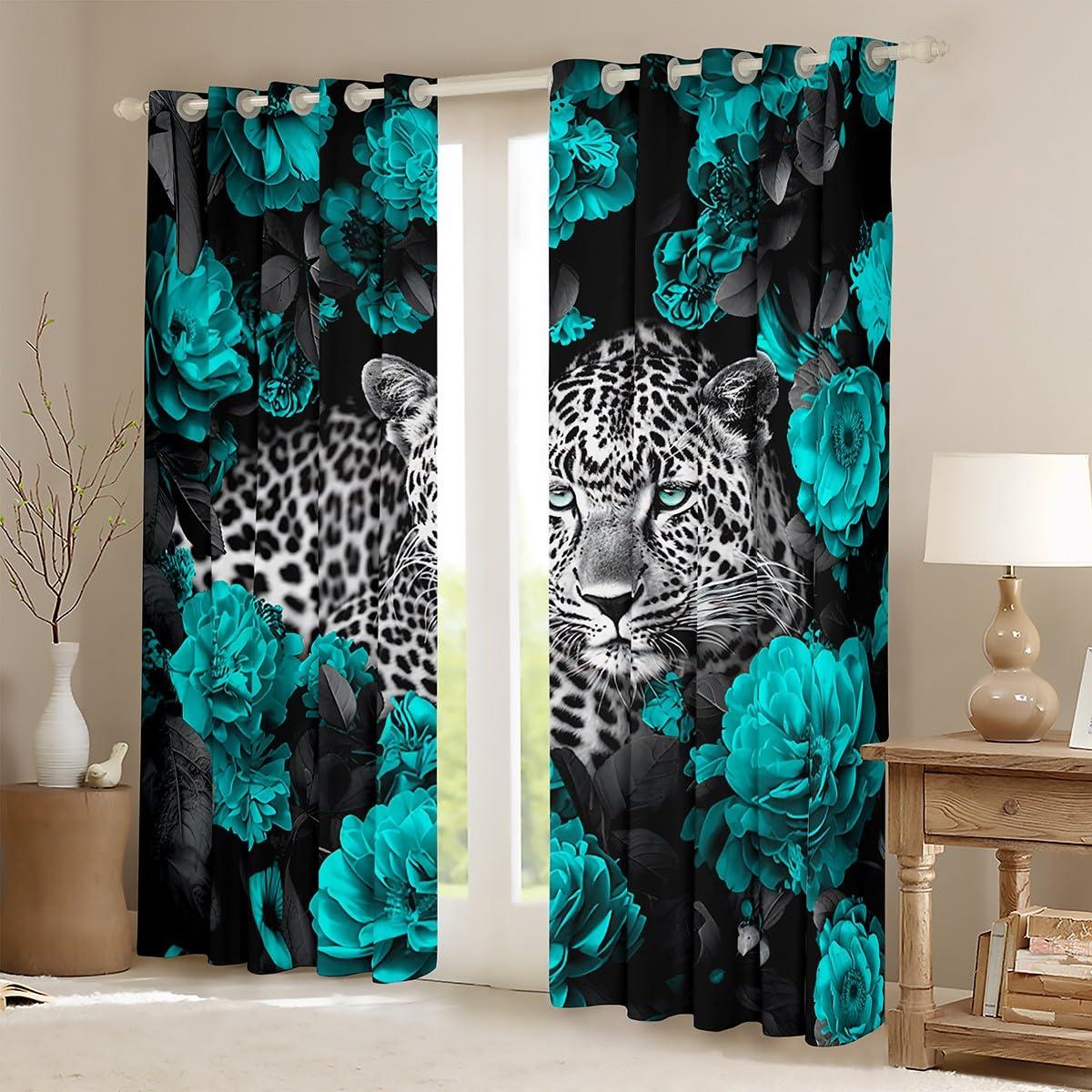 Erosebridal 3D Cheetah Curtains Teal Rose Leopard Print Curtains & Drapes,Botanical Floral Blackout Curtains African Safari Animals Window Curtains Big Cat Wildlife Fur Hair Skin Wild Animal Room Decor 84"X84"
