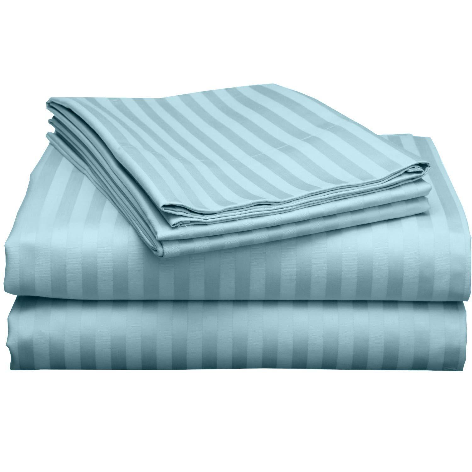 Aspire Linen 5-PCs Split King Sheets for Adjustable Bed 100% Extra-Long Staple Heavy 1500-TC Egyptian Cotton Bedsheet Set ( 2 Fitted, 1 Flat, 2 Pillowcase ) Fits 10-12\" Deep Pockets ( Light Blue, Stripe )