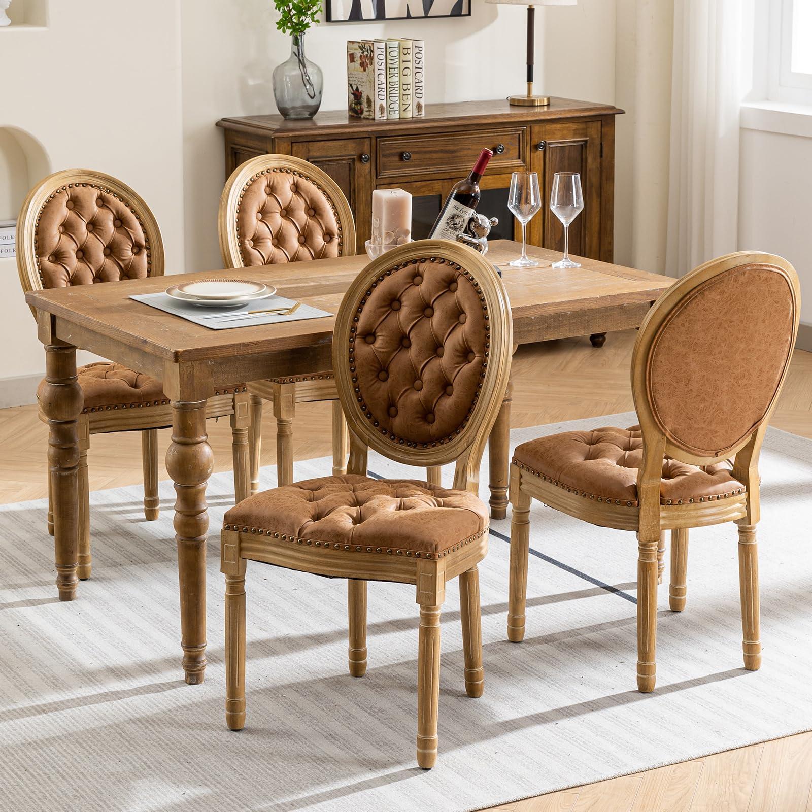 ODUSE-DAILY ODUSE-DAILY French Country Dining Chairs Set of 6, Caramel Kitchen & Dining Room Chairs, Faux Leather Kitchen Chairs, Tufted Upholstered, Wood Legs, Sillas De Comedor (PU, Amber, 6Pcs)
