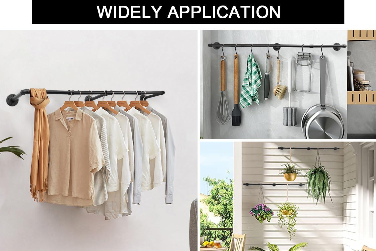 Livabber Livabber Industrial Pipe Clothes Rack, Heavy Duty Detachable Iron Garment Rack Wall Mounted, Rustic Saving Space Clothes Bar Multi-Purpose Hanging Rod for Bedroom, Closet, Black (50 Inch)