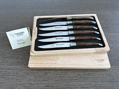LAGUIOLE EN AUBRAC L Laguiole en Aubrac Luxury Fully Forged Full Tang Stainless Steel Steak Knives 6-Piece Set, Rich Desert Ironwood Handles, Stainless Steel Brushed Bolsters