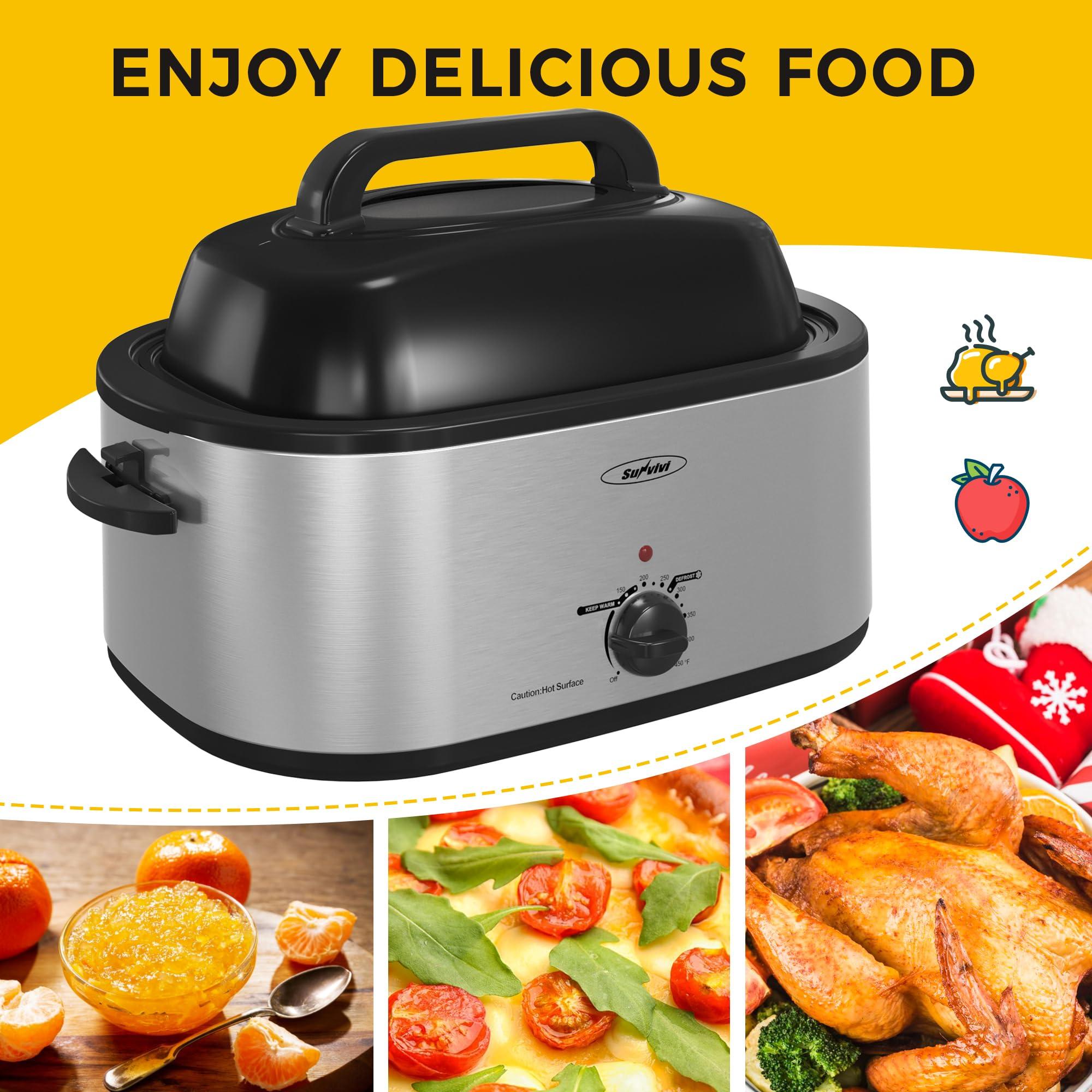 SUNVIVI OUTDOOR Sunvivi Outdoor 24 Quart Roaster Oven, Electric Roaster with Visible Self-Basting Lid, Removable Pan & Rack, Turkey Roaster Oven with Defrost & Warm Function, Stainless Steel, Silver