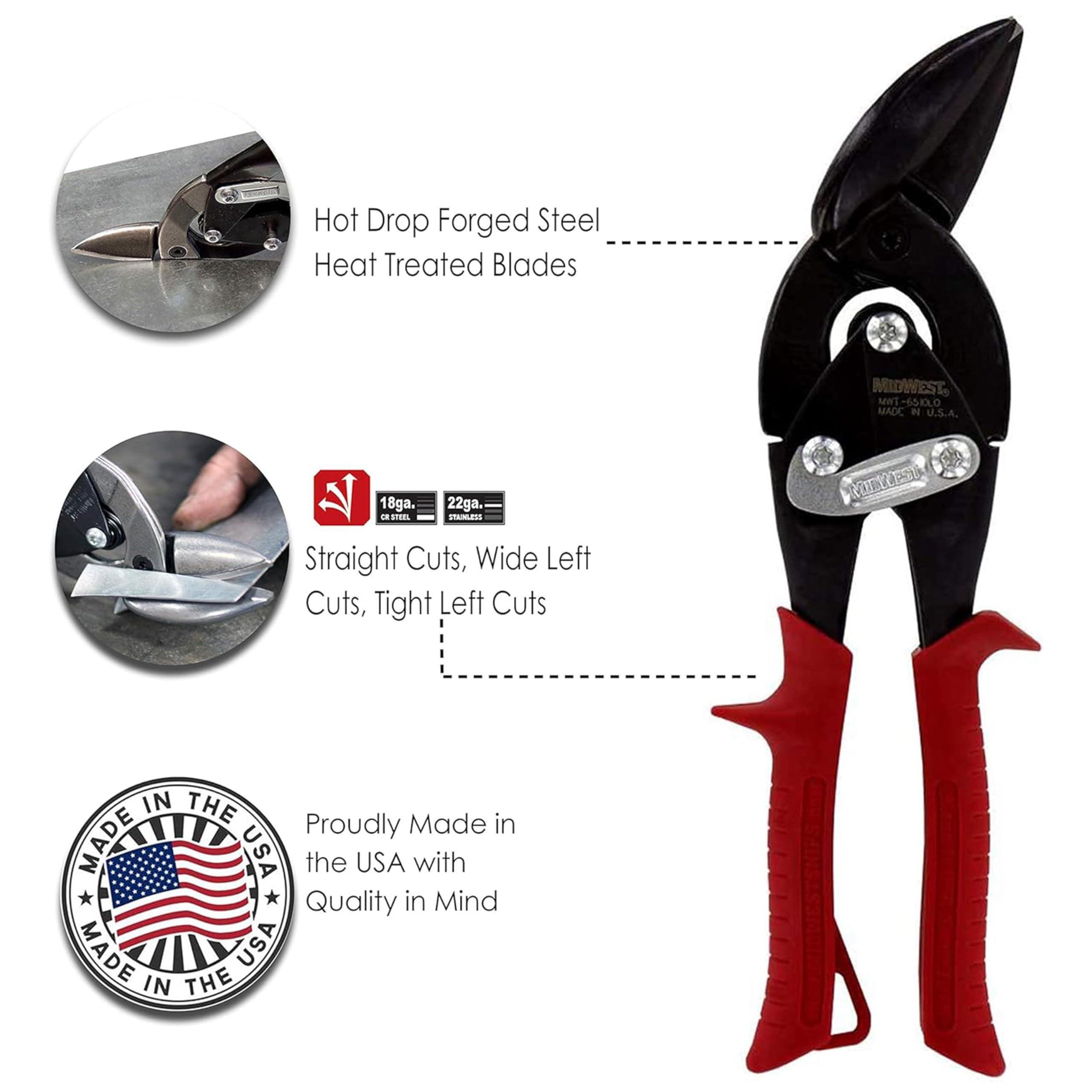 Midwest Tool & Cutlery MIDWEST Blackout Series Aviation Snip - Left Cut Offset Tin Cutting Shears with Forged Blade & KUSH\'N-POWER Comfort Grips - MWT-6510LO