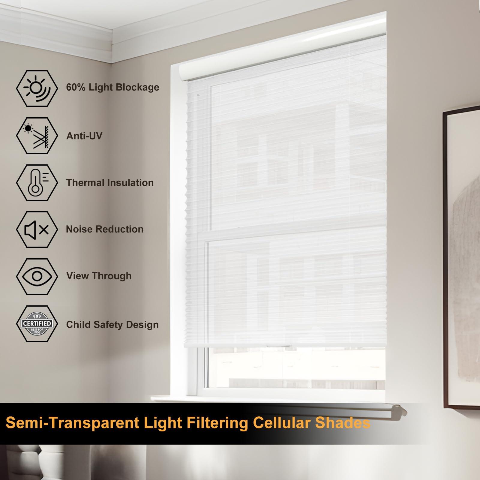 Persilux Persilux Custom Cordless Cellular Shades for Windows Sheer Blinds (White, 15"W x 48"H) 1.8" Single Cell Honeycomb Shades Bottom UP Cellular Blinds Semi-Transparent Honeycomb Blinds for Windows, Home