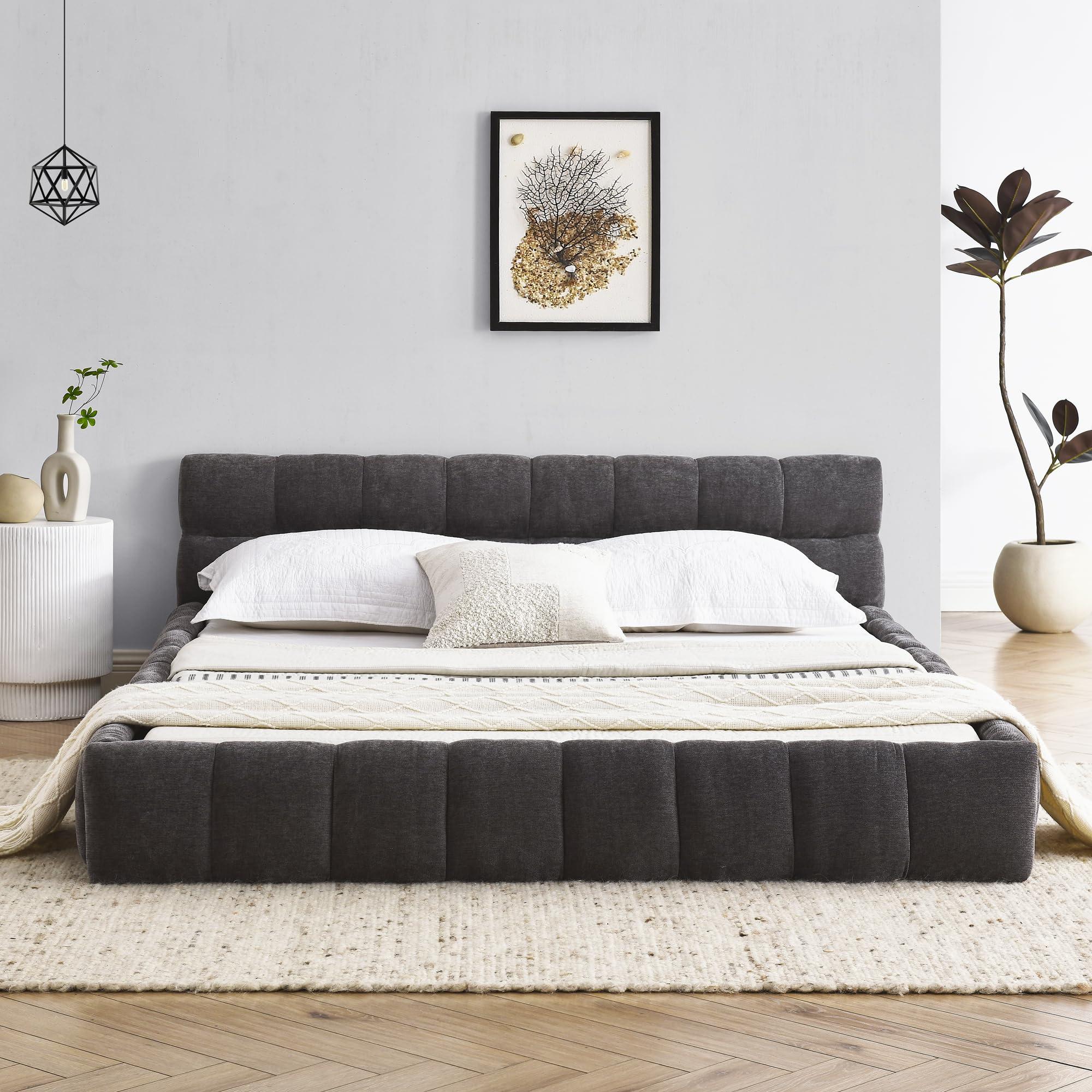 DEINPPA DEINPPA Queen Chenille Upholstered Platform Bed with Cloud Soft Headboard, Grounded Upholstered Wood Base Platform Bed, Italian Style Modern Beds-Grey