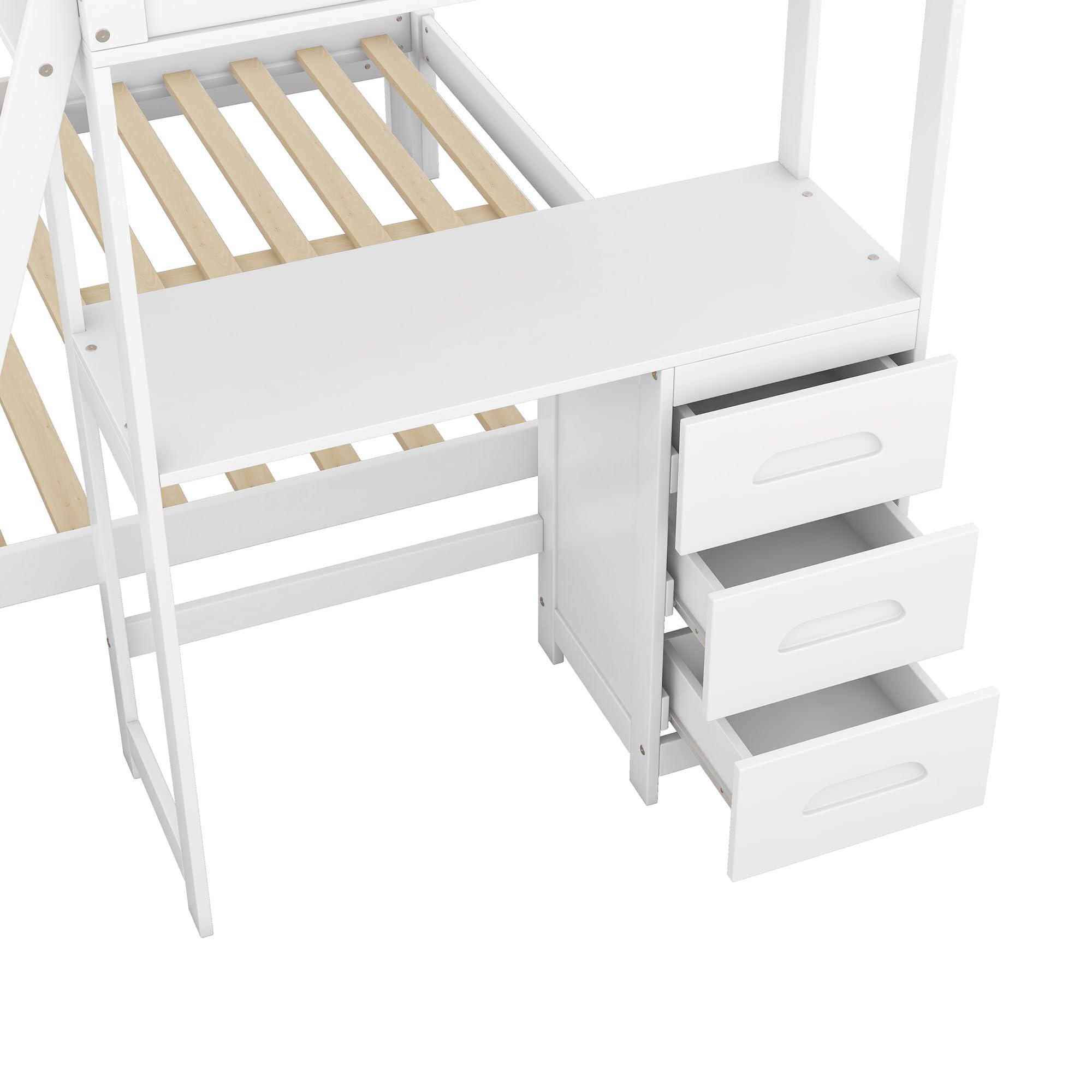 YOPTO YOPTO Twin Over Full Bunk Bed with Built-in Desk and Three Drawers,Pine Wood Convertible Twin Over Full L-Shaped Loft Bunk Bed Frame for Kids Teens Adults,White