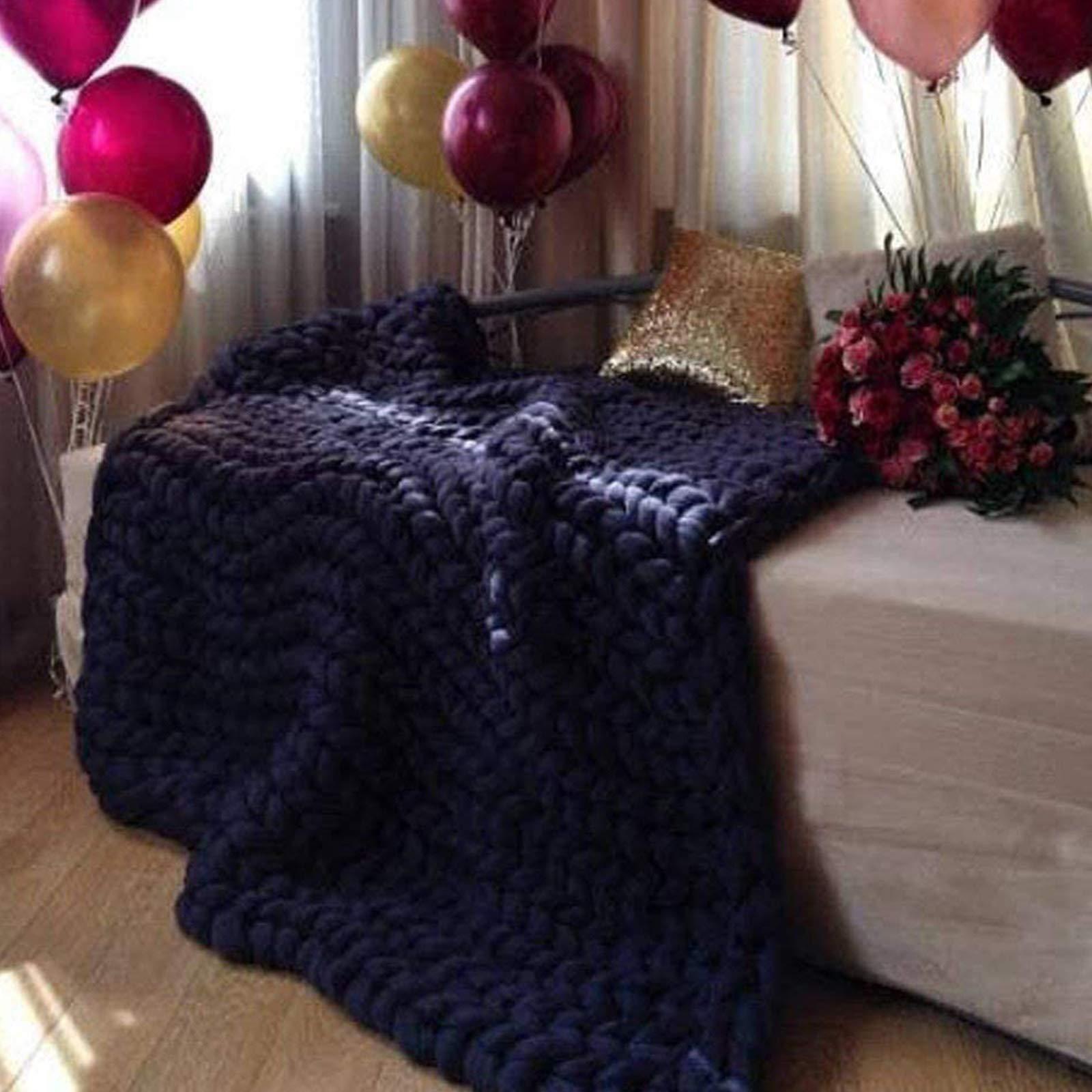 BWBG BWBG Handmade Chunky Throw Blankets Navy, Chunky Knit Throw Blanket Soft Cozy Synthetic Wool Warm and Cozy Knitting Throw for Bedroom Decor Chair Sofa Pet Mat-71x80inch