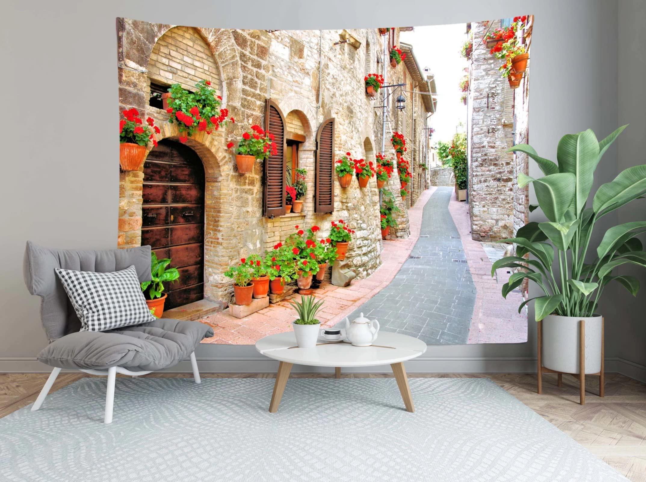 Loccor Loccor 5x3ft Italy Tapestry Photography Backdrop Summer Small Town Street City Street Scenery Wall Art Large Nature Wall Hanging for Men Women Living Room Bedroom Restaurant Decorations