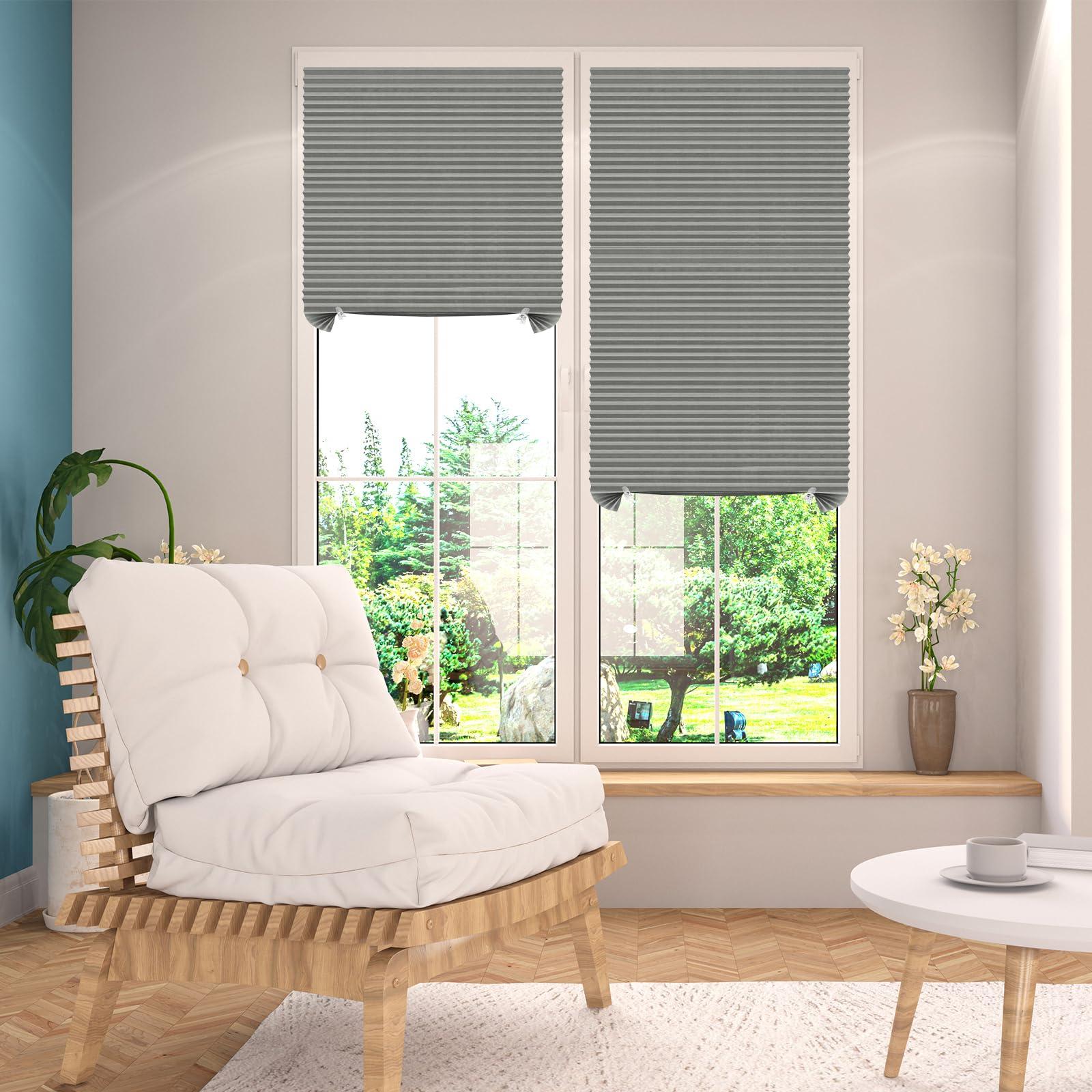 Jlong Paper Blackout Shades for Indoor Windows Temporary Cordless Paper Pleated Adhesive Blinds No Drill Privacy Fabric Window Coverings Stick on Blinds No Tools Curtains (1, Grey, WxH/47x83Inches)