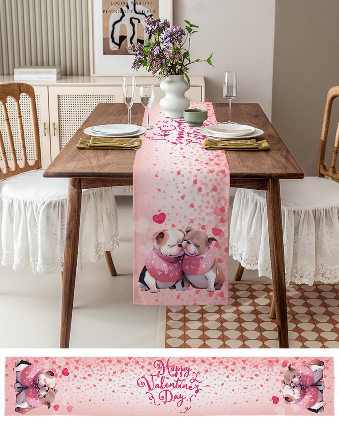 Falaniique Valentine\'s Day Table Runner 90 Inches Long, Cotton Linen Kitchen Dinner Table Runners, Burlap Tablerunner for Dresser/Dining/Party/Wedding, Romantic Dogs Sweet Heart Love Pink