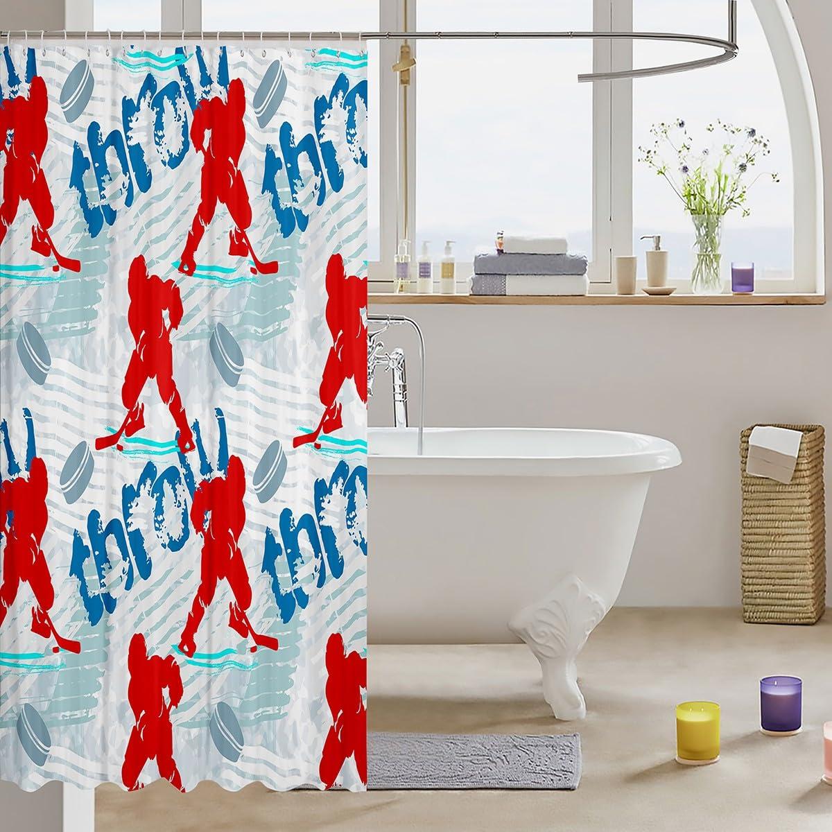 Homewish Ice Hockey Kids Shower Curtains,Winter Event Ball Sport Game Bathroom Curtains for Boys Adults,Athlete Silhouette Graffiti Red Blue Stylish Waterproof Curtains for Bathtub,12 Hooks Suits,72\"W x 78\"L