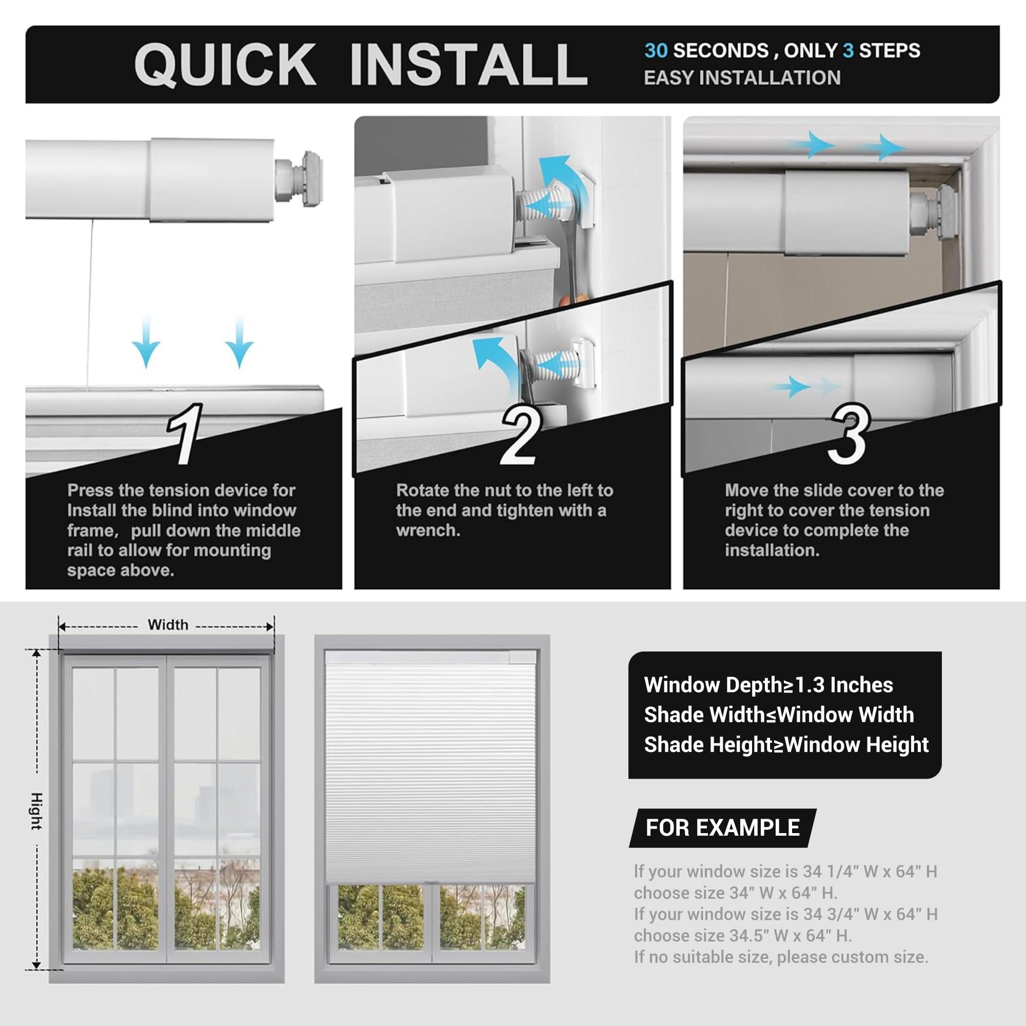 Boolegon Boolegon No Drill No Tools Cellular Shades Top Down Bottom Up Honeycomb Blinds Blackout Cordless Window Blinds Easy to Install Cellular Shade for Windows,Blackout-White,39.5" W x 48" H