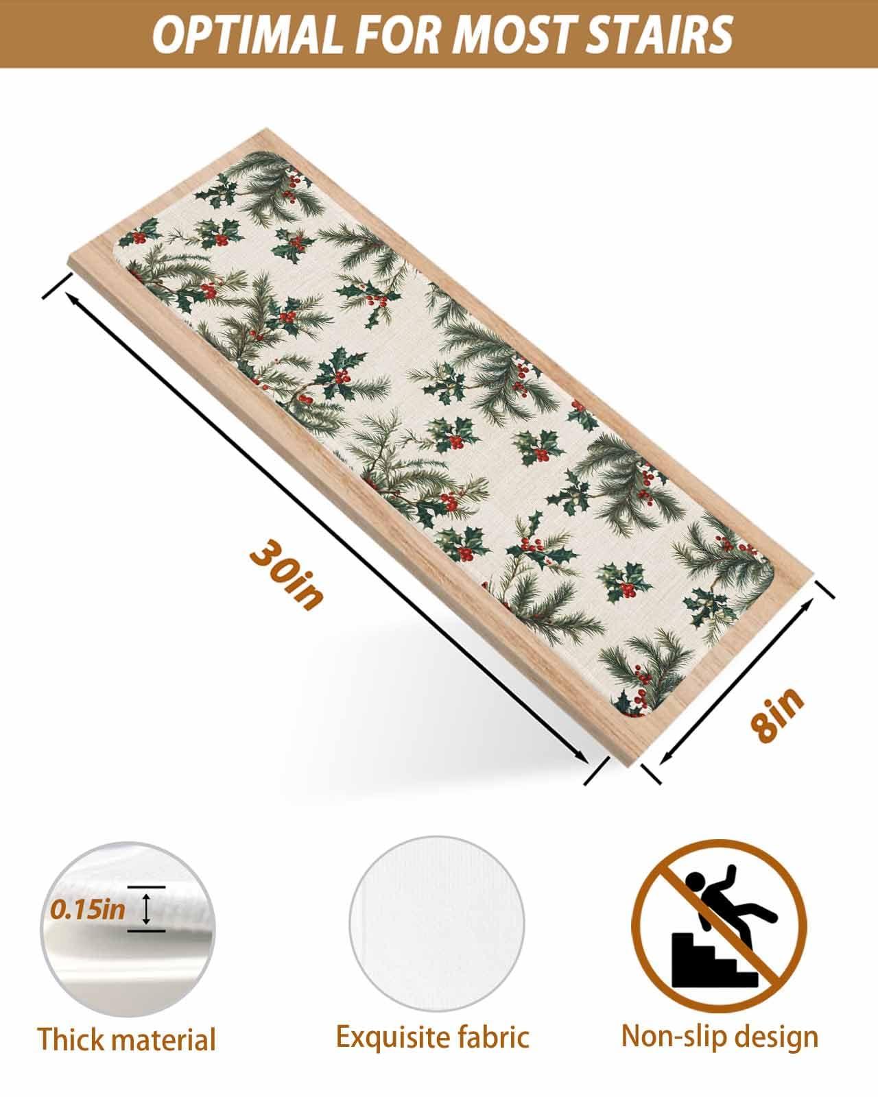 Chees D Zone Xmas Red Berry Pine Needles Stair Treads for Wooden Steps, Winter Plant Beige Linen Non Slip Stair Carpet Indoor Stair Runner Staircase Step Treads Stair Mat 8x30in 4 Pcs