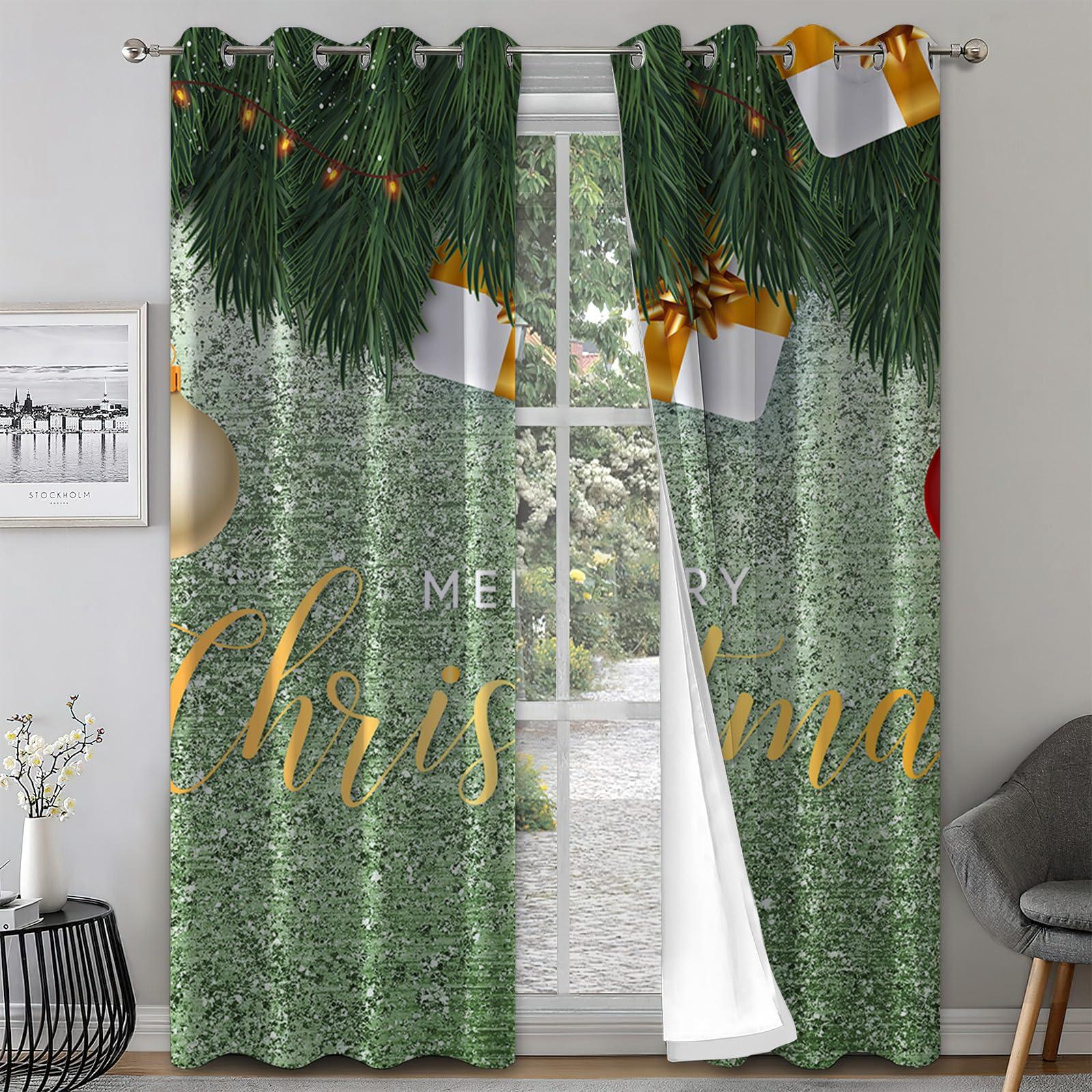 TOARTE TOARTE Green Shiny Background Window Treatments, Christmas Tree Leaves Gift Box Blackout Curtains for Bedroom, Grommet Thermal Insulated Window Curtain for Bedroom Living Room Patio - 84x72in