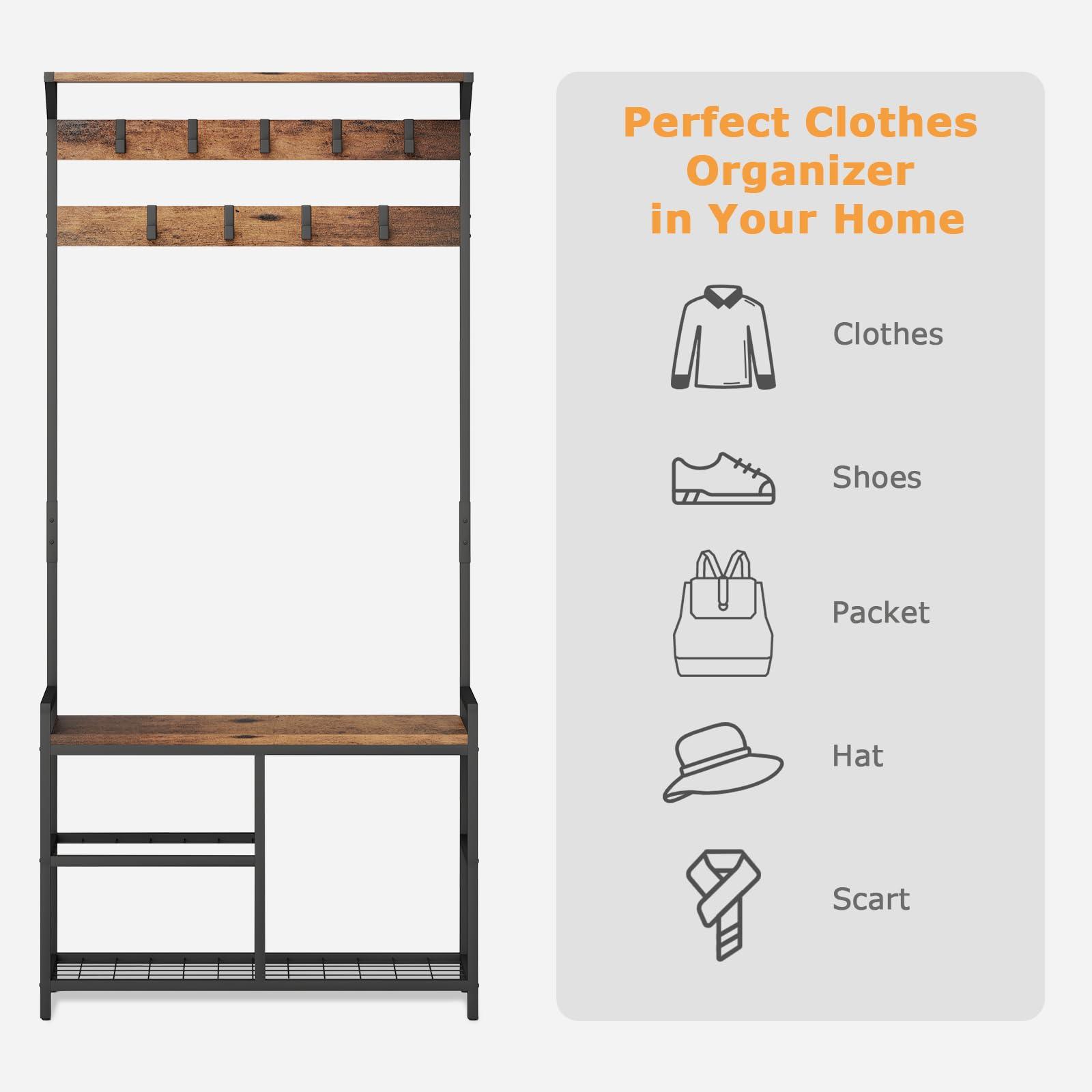 HOMEKOKO HOMEKOKO Coat Rack Shoe Bench, Hall Tree Entryway Storage Bench, Wood Look Accent Furniture with Metal Frame, 3-in-1 Design (Rustic Brown)