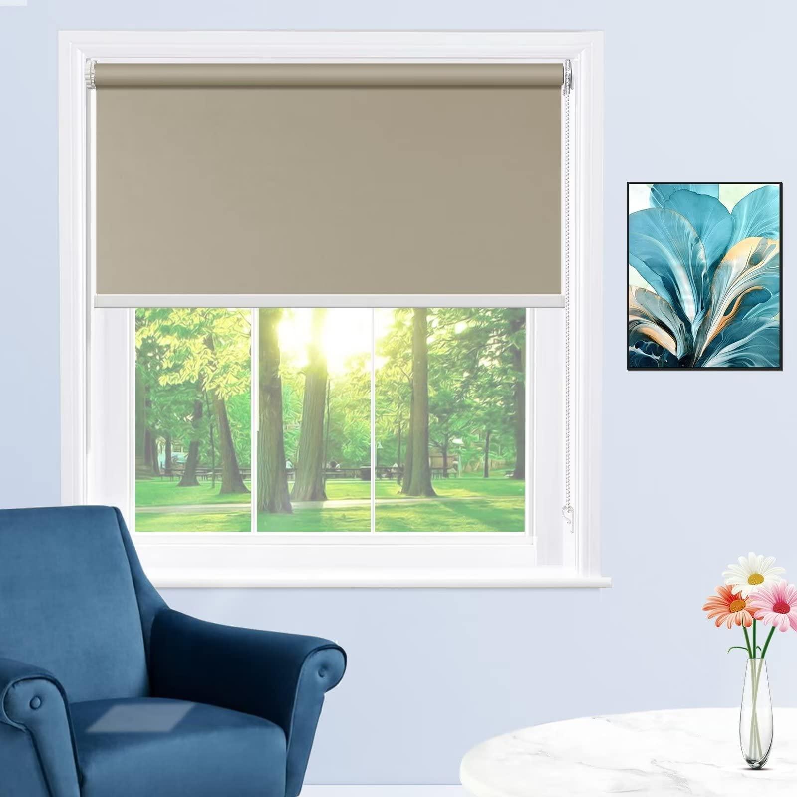 fhsblinds FHSBLINDS No Tool No Drill Blackout Window Blinds & Shades for Home Custom Roller Window Shades-Room Darkening Waterproof Blinds for Windows Kitchen Bedroom (Khaki 100% Blackout, 30" W x 96" H)