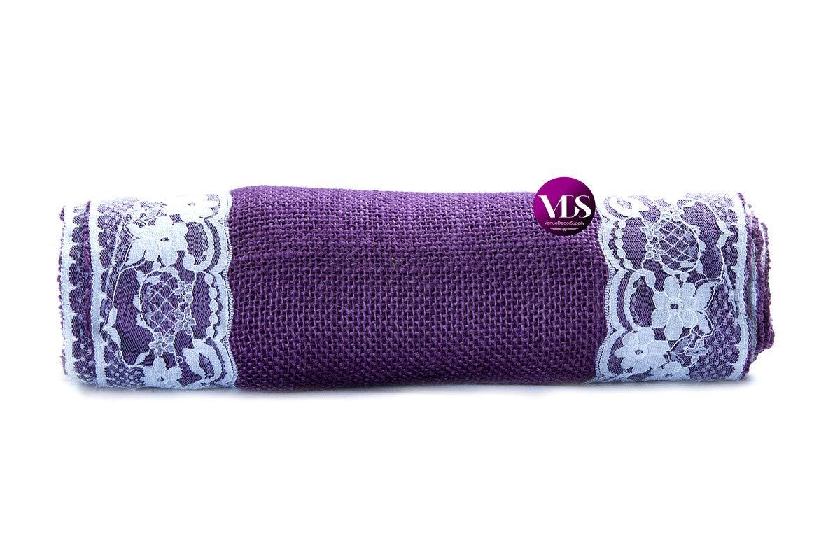 VDS VDS Pack of 20, Burlap Table Runner with White Lace Edge, 100% Natural Jute Rustic Hessian Table Cloth Centerpiece for Wedding Birthday Party Banquet Table Decoration (Size 12X108 Inch)(Lavender)