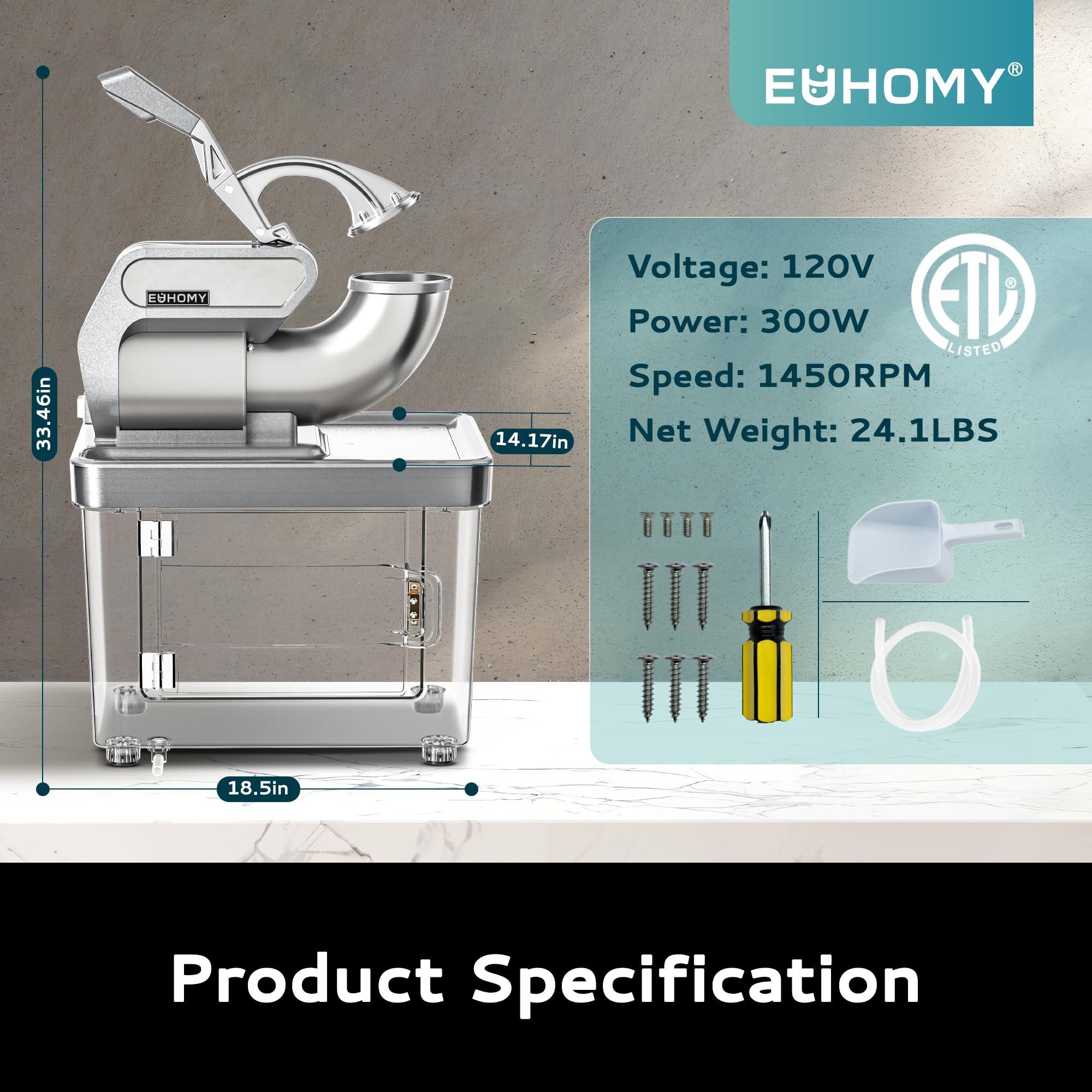 EUHOMY EUHOMY Commercial Ice Crusher, 661Lbs/H, ETL Approval, Snow Cone Machine with Dual Blades, Easy-to-Clean, 300W Electric Shaved Ice Machine with Safety Switch for Both Home & Commercial Use (Silver)